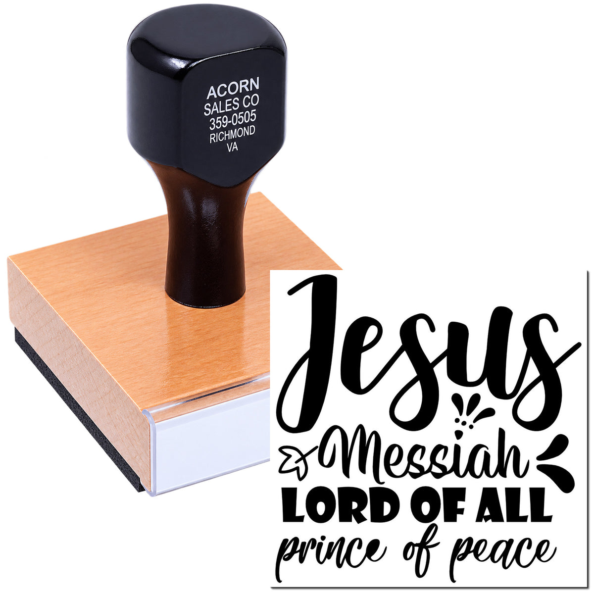 Custom Christian rubber stamp with Jesus Messiah, Lord of All, Prince of Peace design for faith-based crafts.