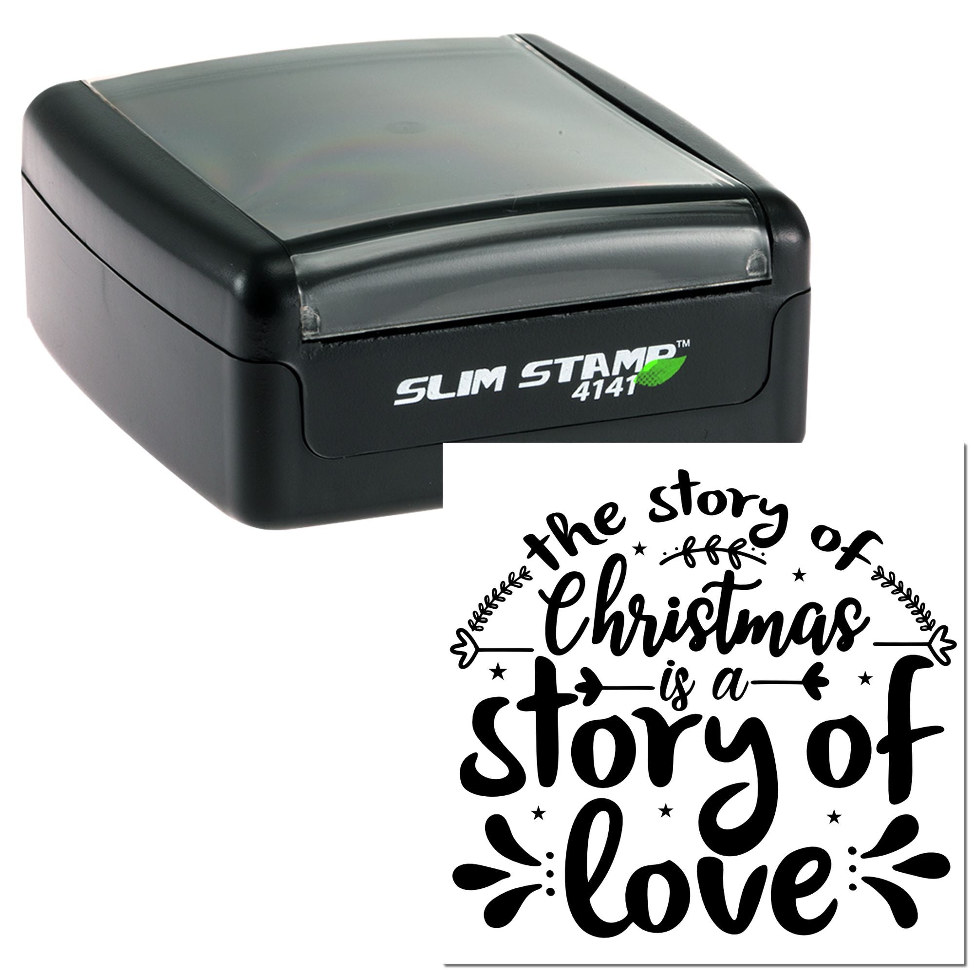 Self-inking rubber stamp with The Story of Christmas Is a Story of Love design for holiday cards and crafts.