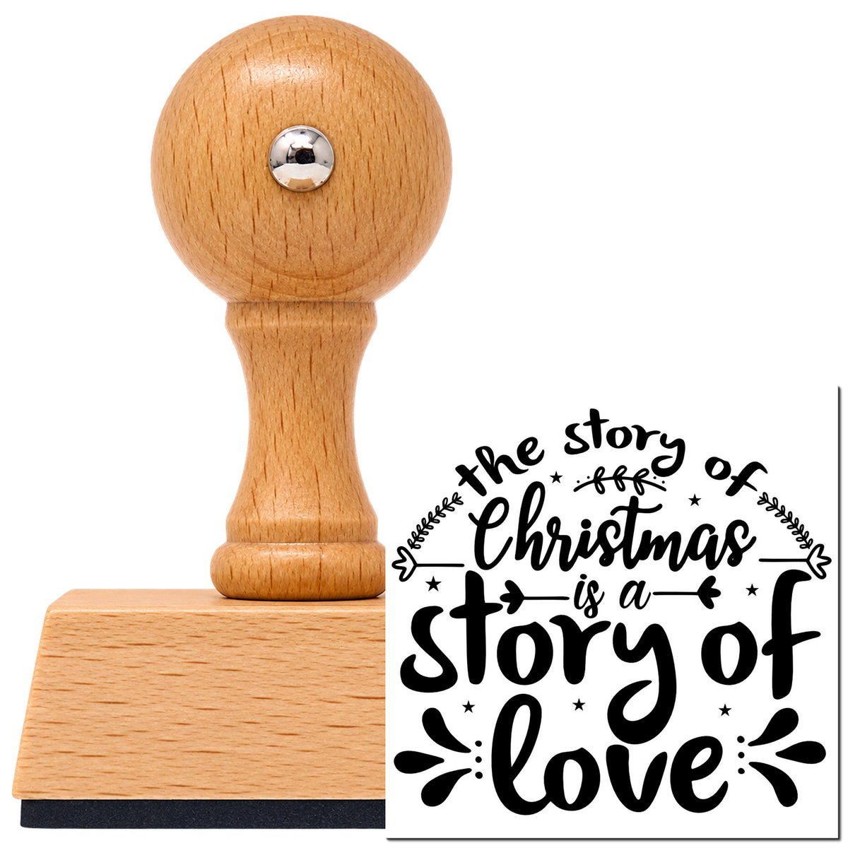Christmas Story Of Love Vintage Pro rubber stamp in European beech wood with a round knob handle, shown beside its black imprint.