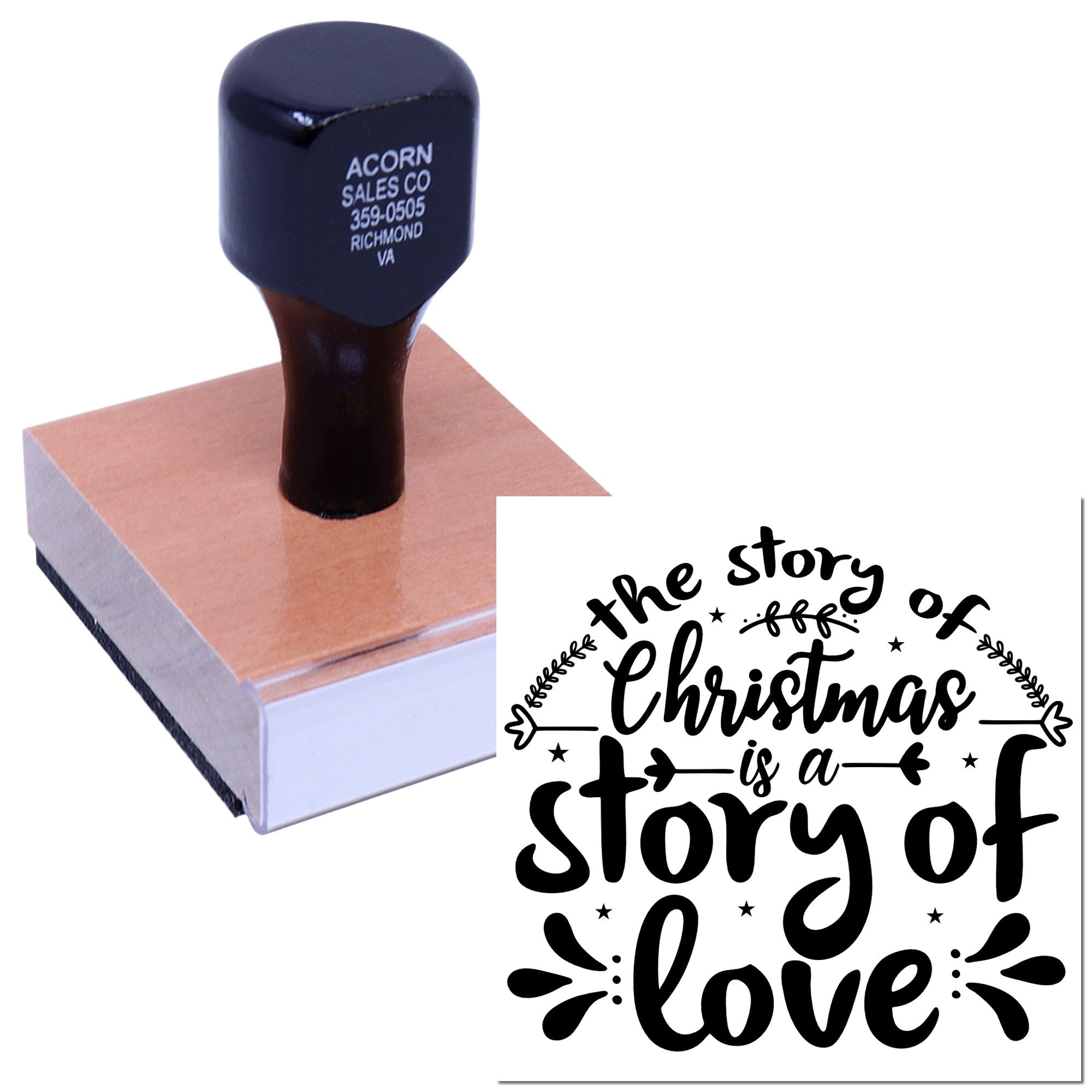 Custom rubber stamp with The Story of Christmas Is a Story of Love design for holiday card making and crafts.