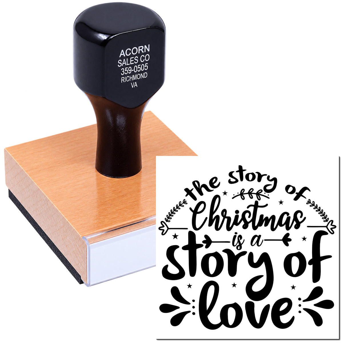 Custom rubber stamp with The Story of Christmas Is a Story of Love design for holiday card making and crafts.