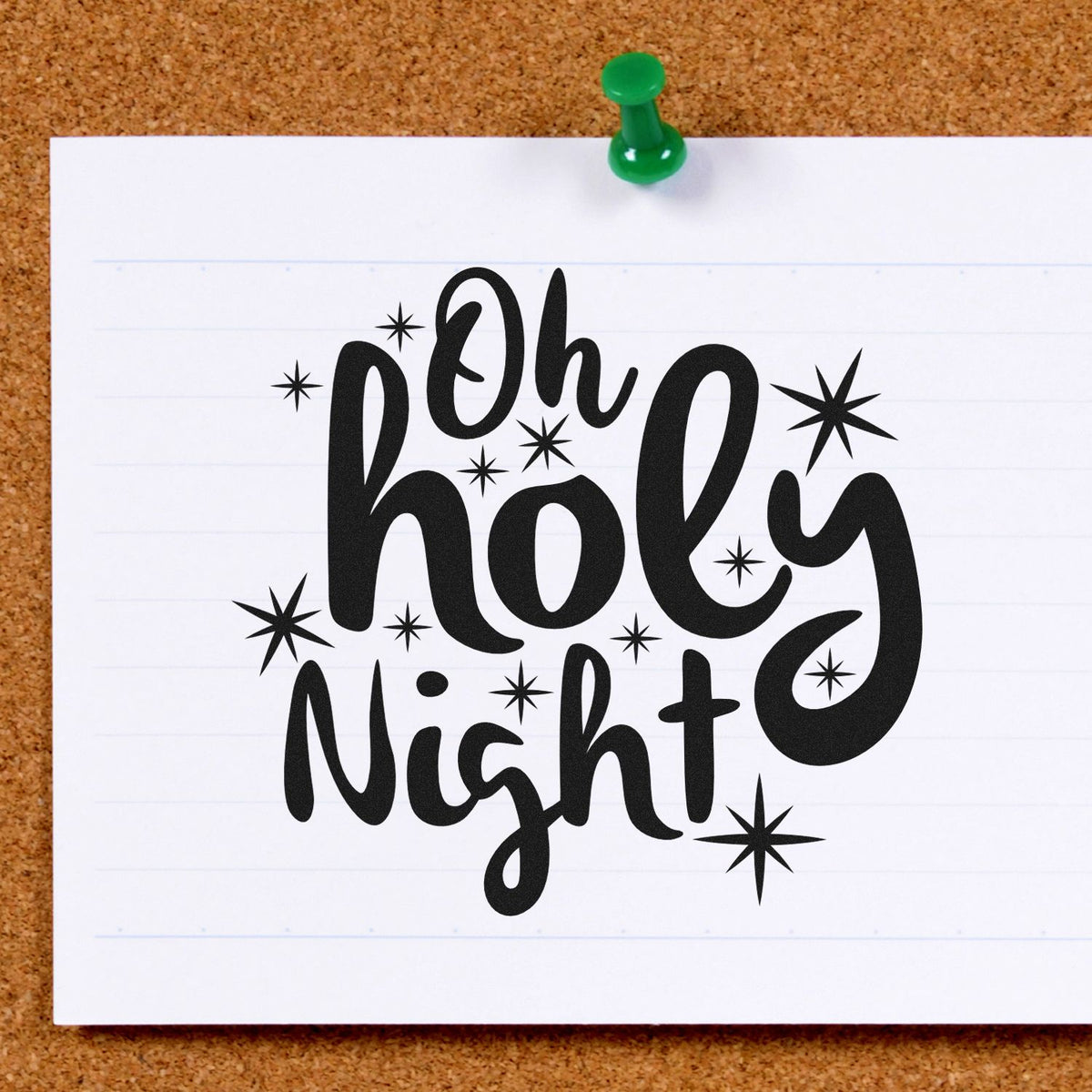 Vintage Pro Oh Holy Night Starbursts Premium Wooden Stamp imprint stamped in black ink. "Oh Holy Night" appears in thick rounded script surrounded by starbursts.