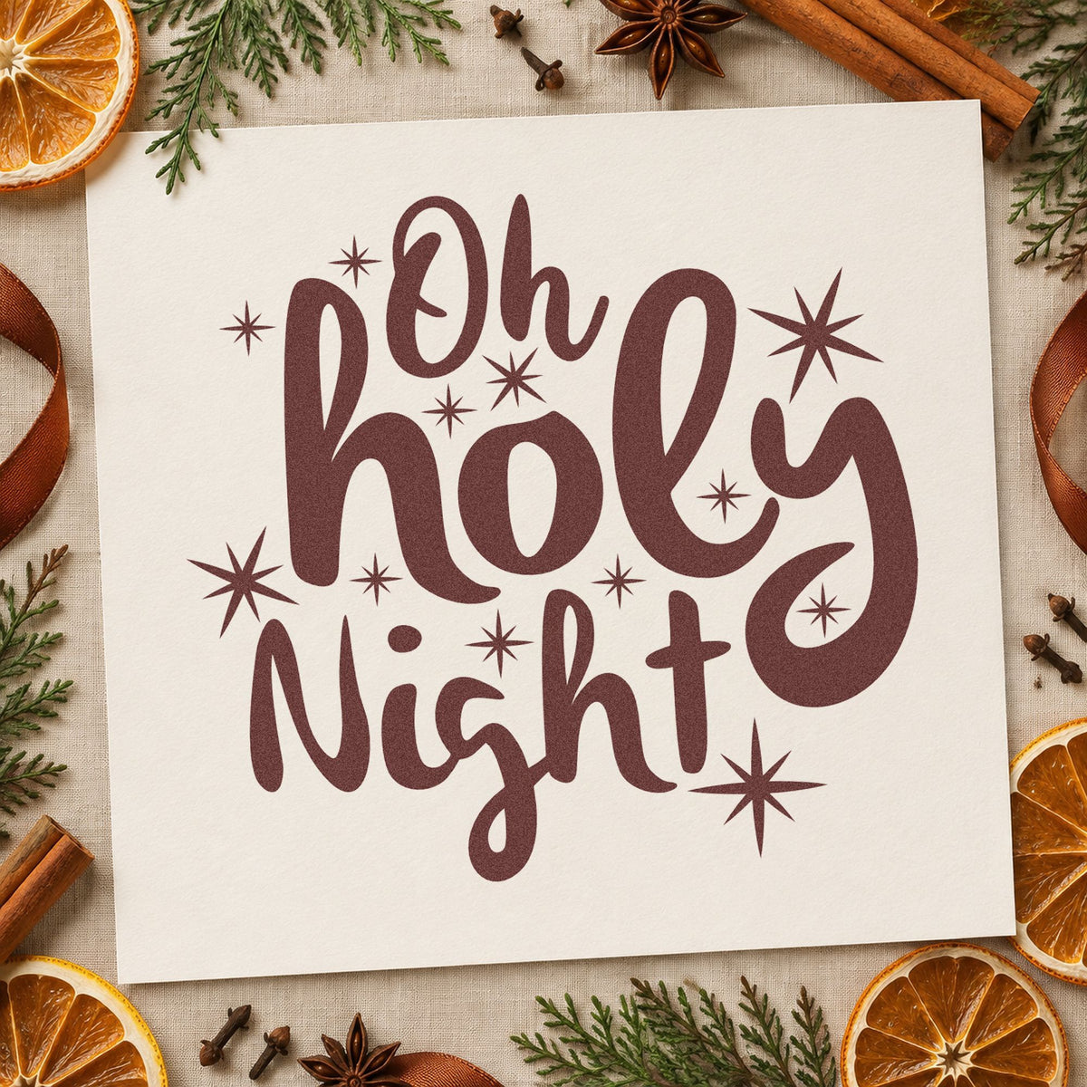 Oh Holy Night Starbursts rubber stamp printed in brown ink, ready for small group sheet and similar paper crafts.