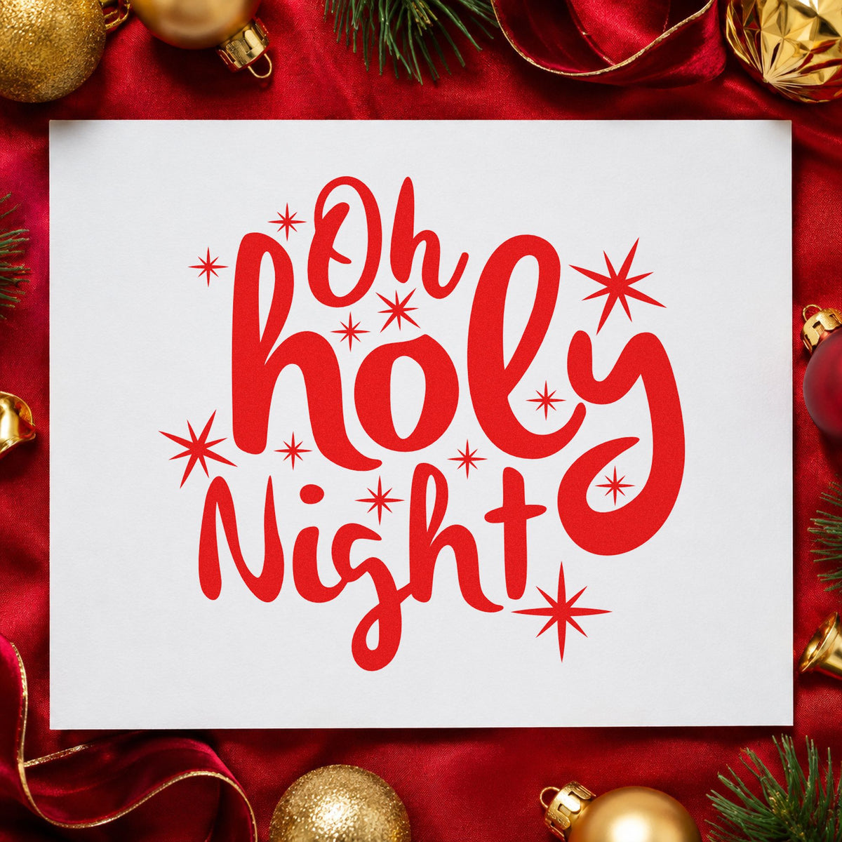 Oh Holy Night Starbursts craft stamp in red ink on cardstock, an easy option for hoodie sleeve printing.