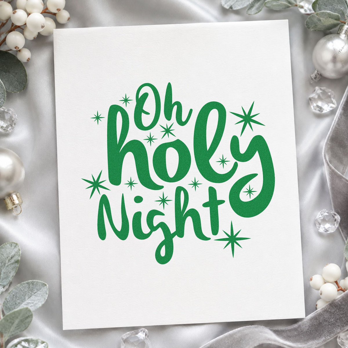 Oh Holy Night Starbursts craft stamp imprinted in green ink on paper, a design suited to framed youth room.