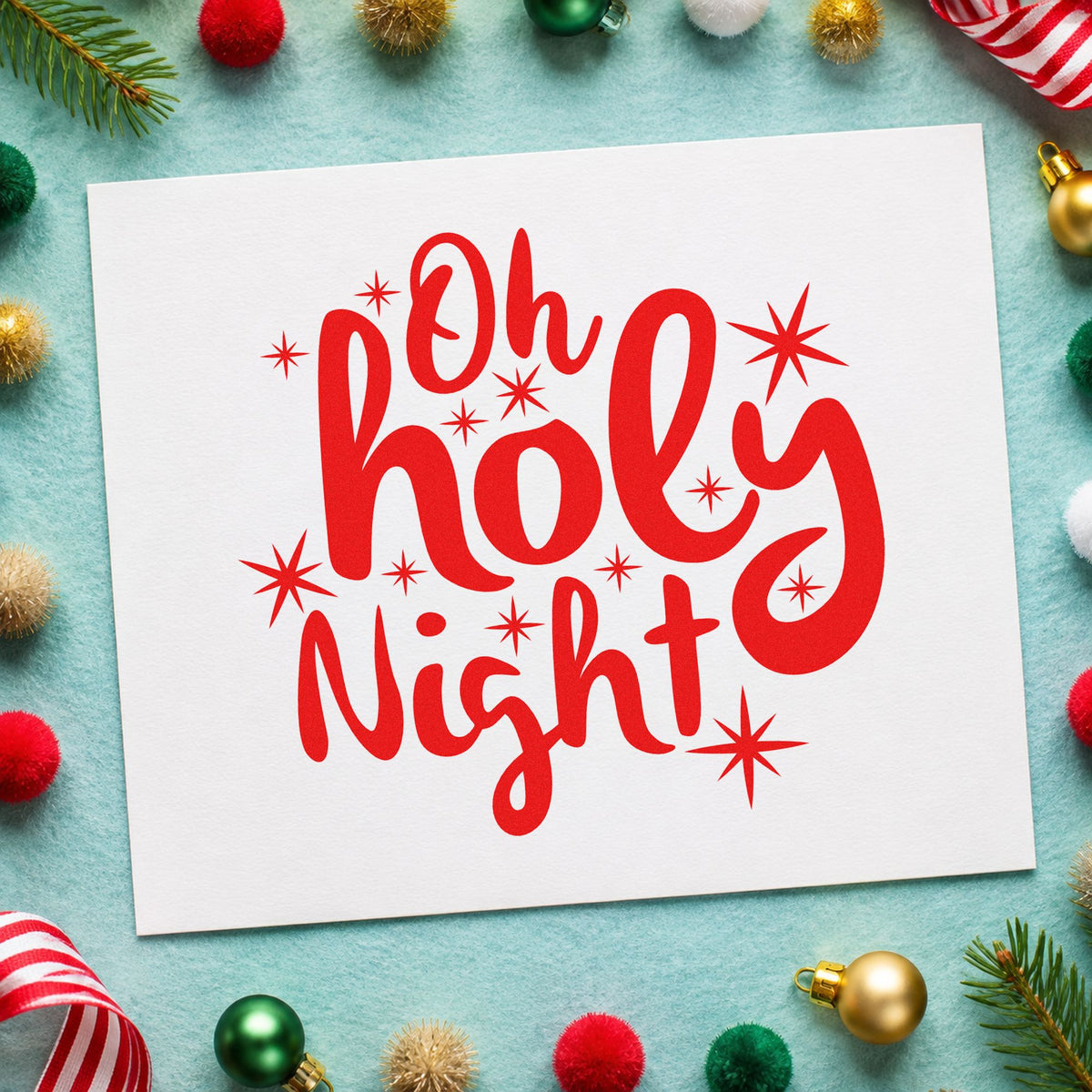 Oh Holy Night Starbursts rubber stamp shown in red ink, stamped for projects such as game bin labels.