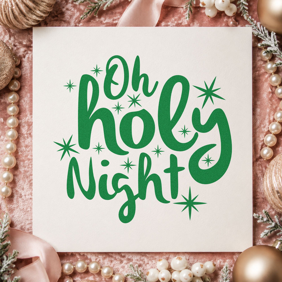 Oh Holy Night Starbursts craft stamp imprint in green ink on a handmade project, one idea being lock in event passes.
