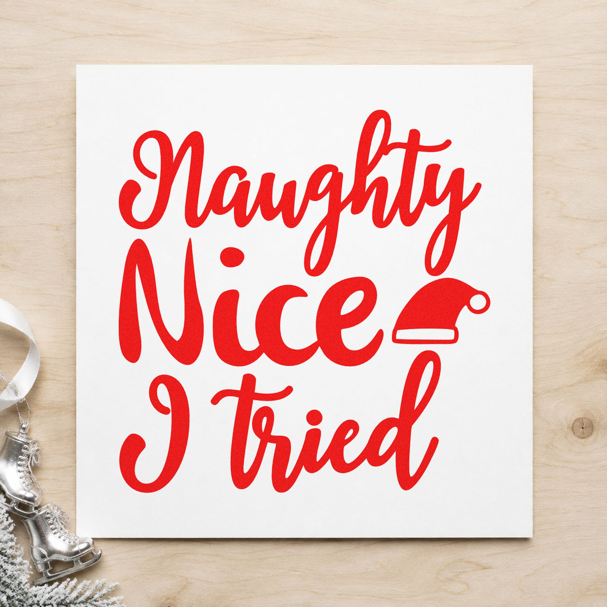 Naughty Nice I Tried Hat Lettering Hand Stamp – Duo in use 5