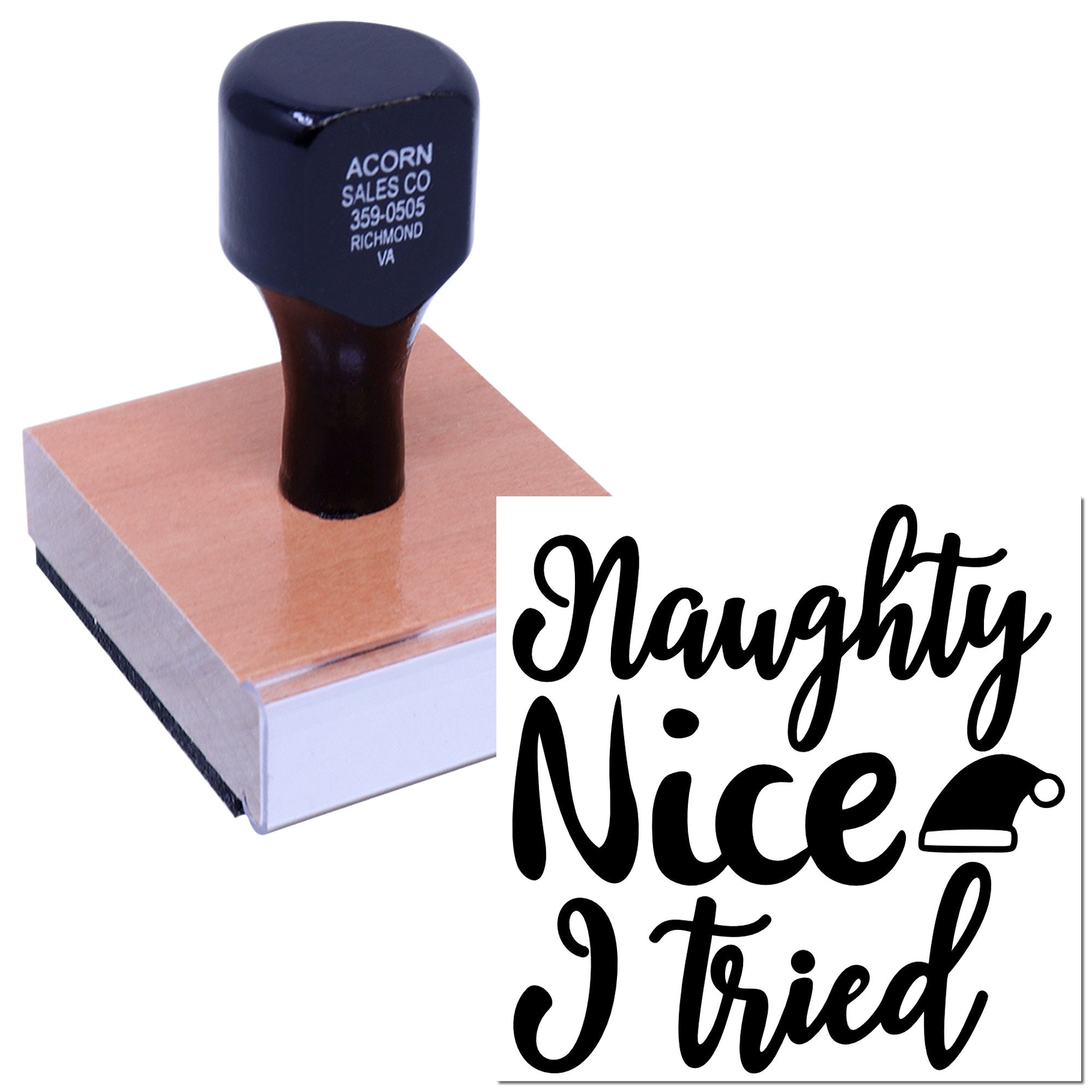 Naughty Nice I Tried rubber stamp for holiday cards, with festive script and Santa hat icon.