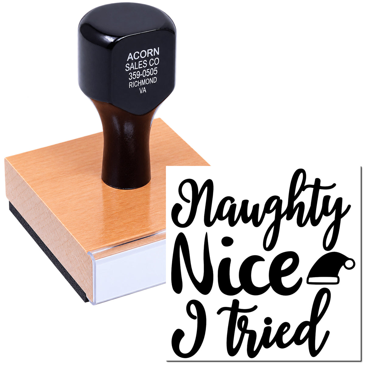 Naughty Nice I Tried rubber stamp for holiday cards, with festive script and Santa hat icon.