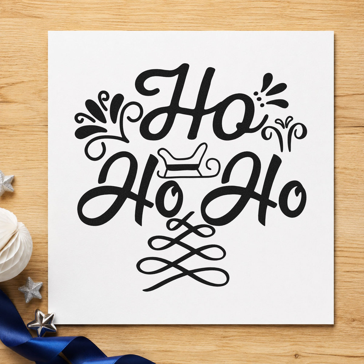 Ho Ho Ho Sleigh rubber stamp printed in black ink, ready for ornate underline cards and similar paper crafts.