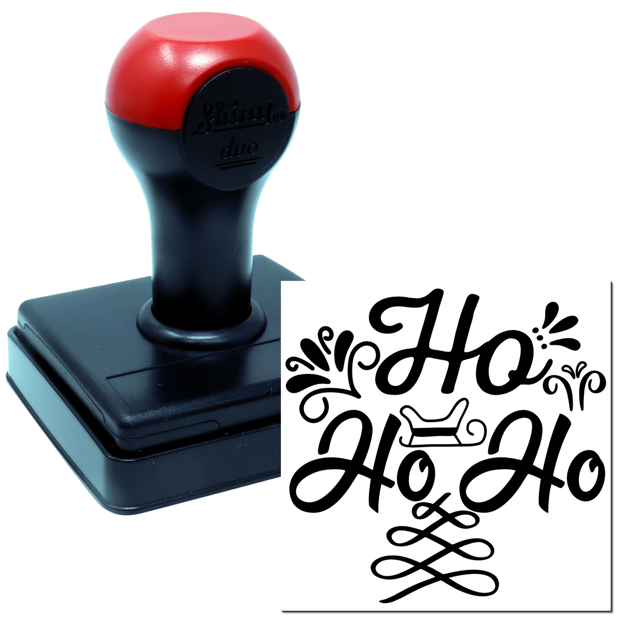 Self-inking rubber stamp with decorative Ho Ho Ho Christmas design for holiday cards, crafts, and gift packaging.
