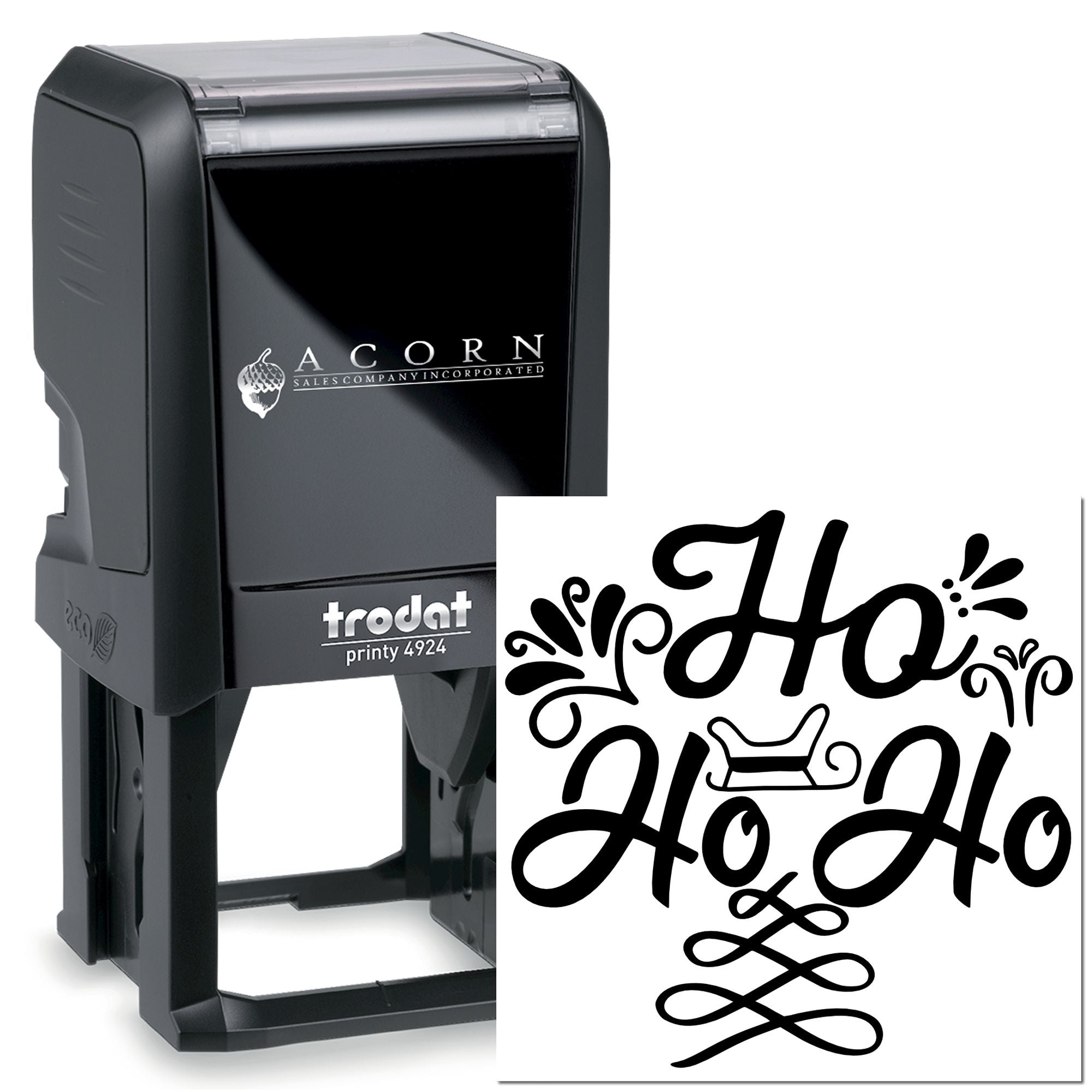 Custom self-inking rubber stamp with decorative Ho Ho holiday design for personalized festive stamping.