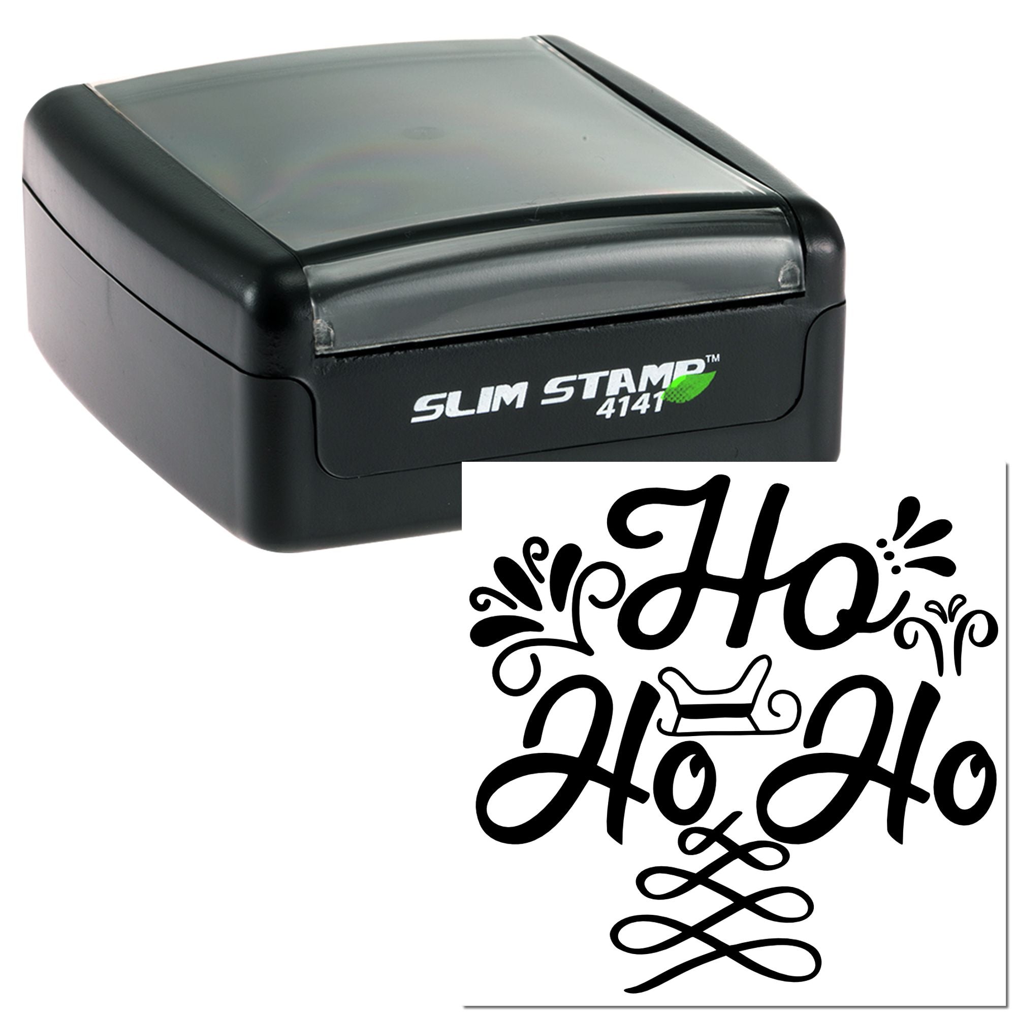 Slim rubber stamp with festive Ho Ho Ho holiday design for cards, crafts, and seasonal packaging.