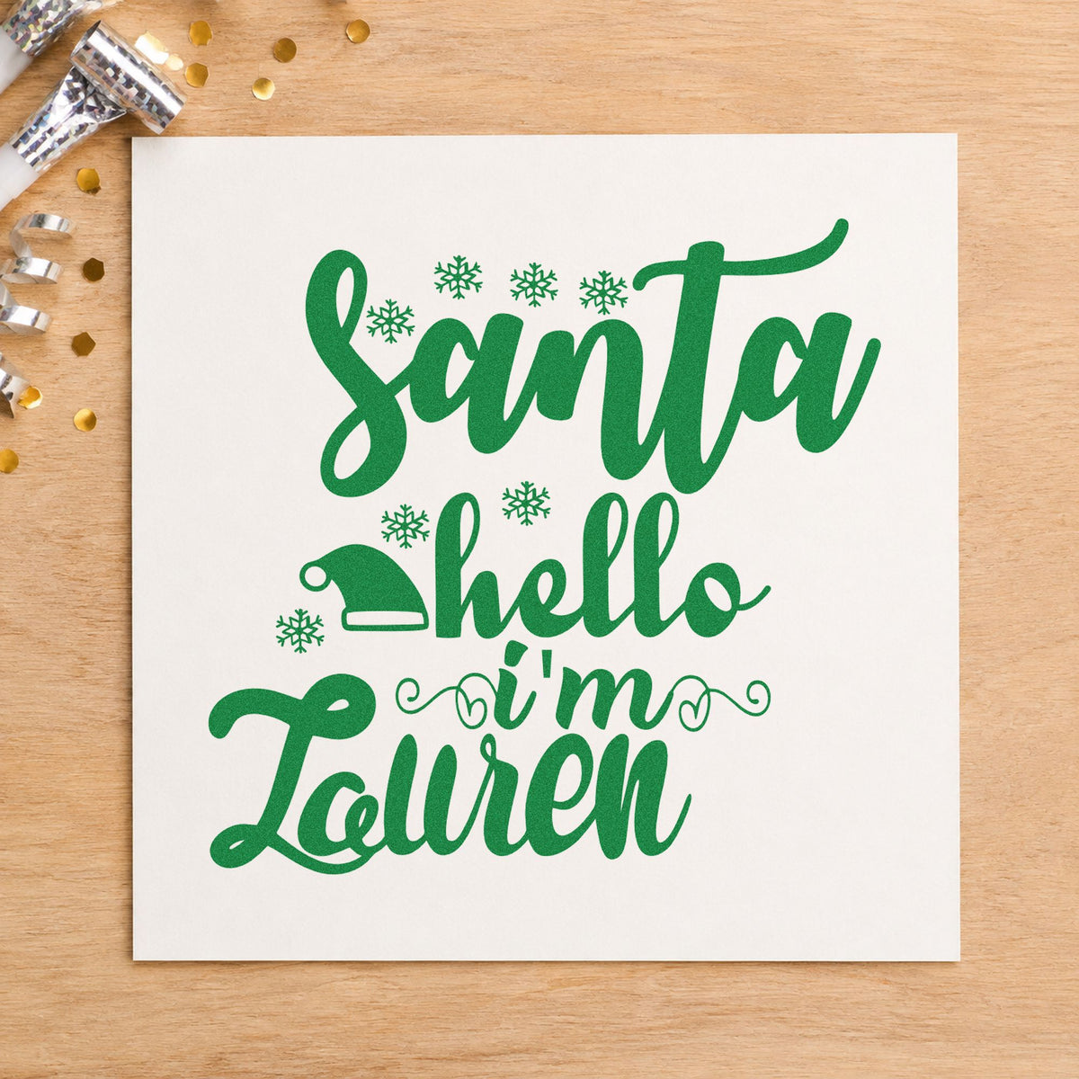 Santa Hello I'm Lauren craft stamp imprint in green ink on a handmade project, one idea being mall visit placards.
