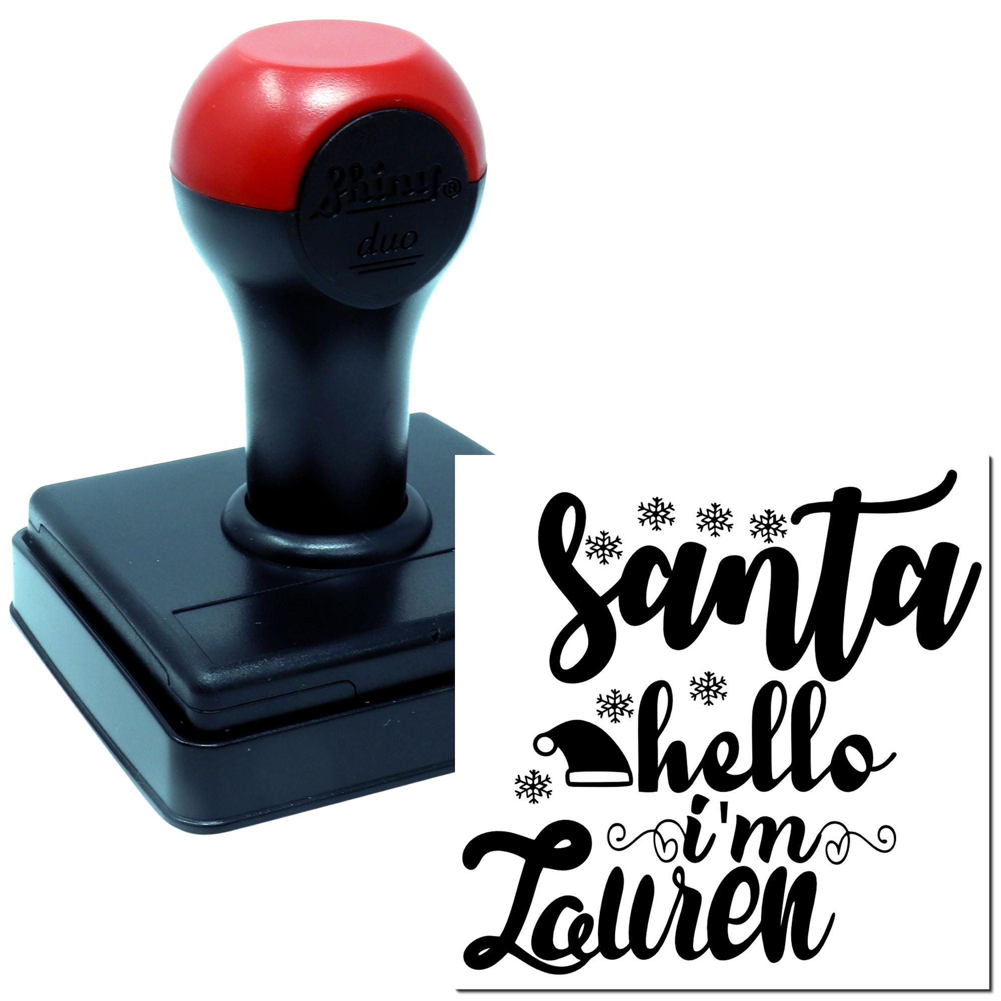 Self-inking rubber stamp with custom Christmas greeting Santa hello Im Lauren and snowflake design.