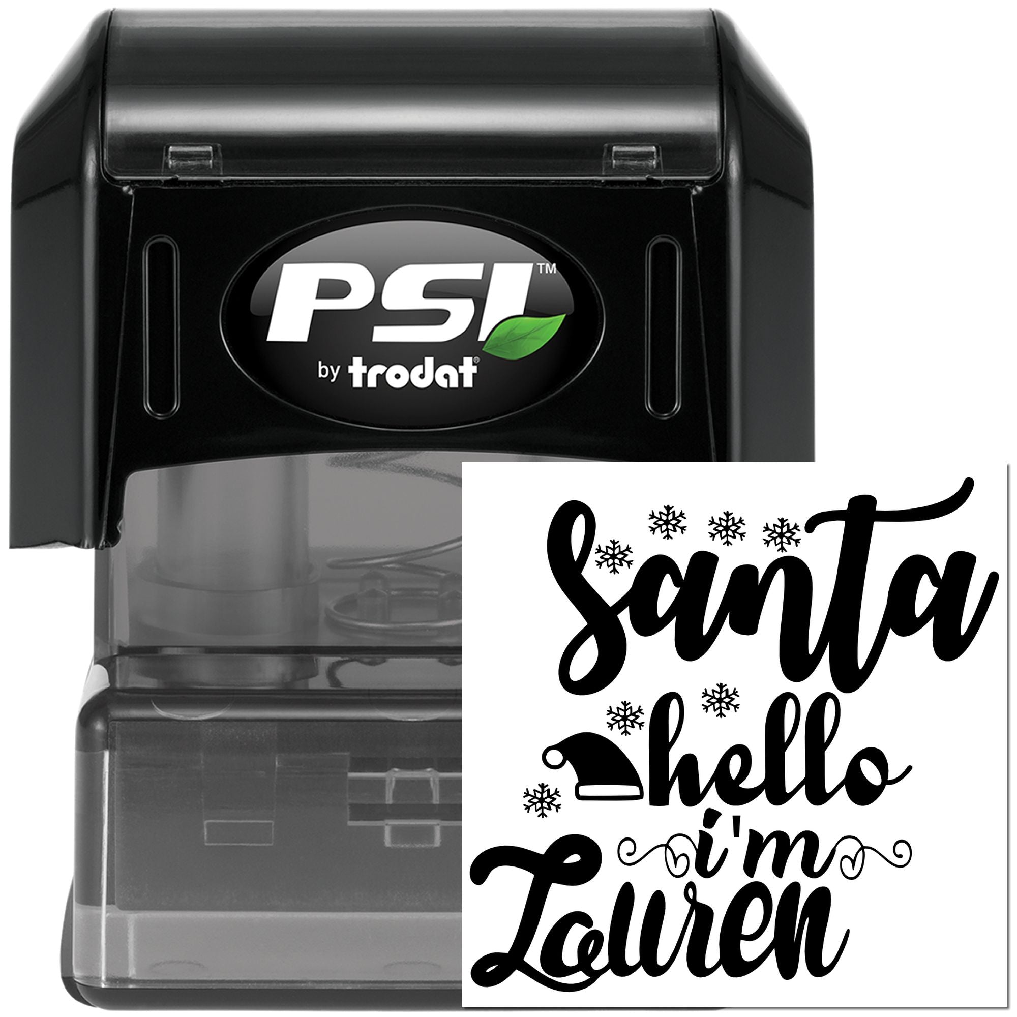 Custom self-inking rubber stamp with Santa, hello, Im Lauren holiday design by PSI Trodat for Christmas mail and gift tags