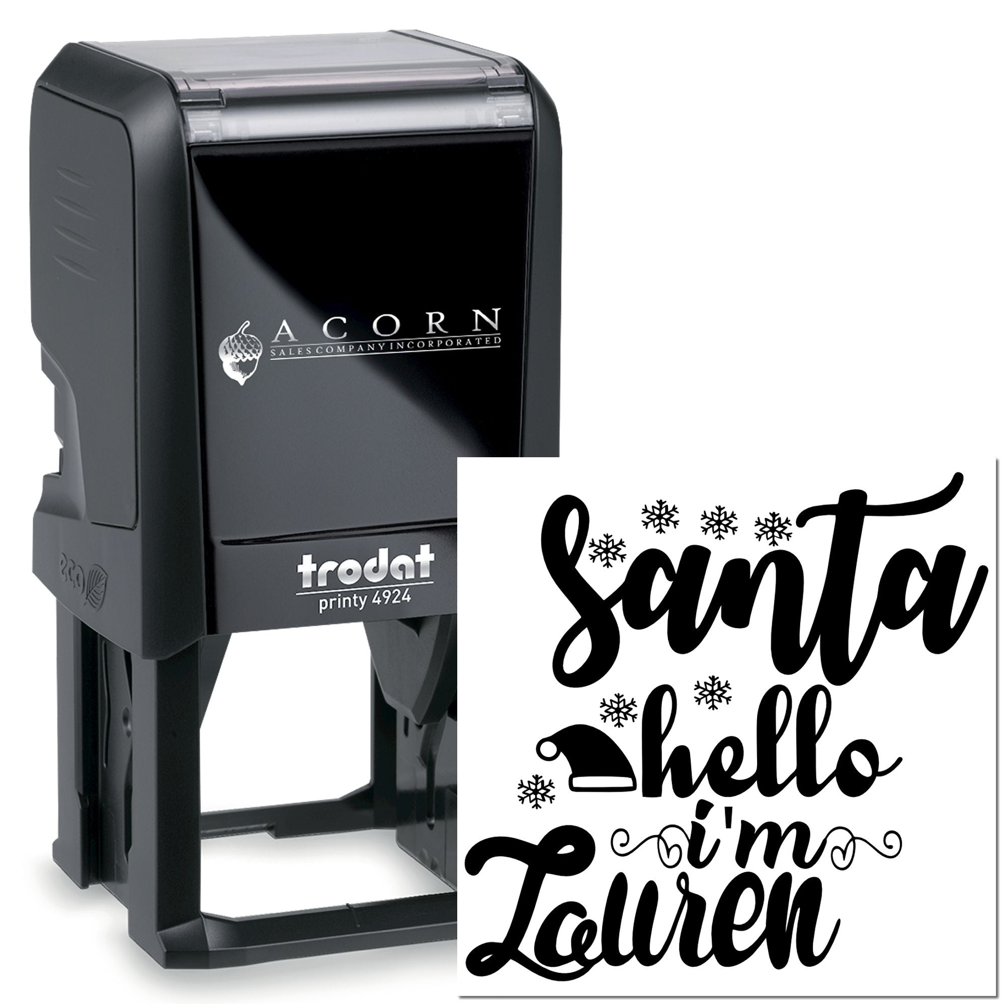Custom self-inking rubber stamp with Santa hello Im Lauren holiday design, Trodat Printy 4924 for festive cards.