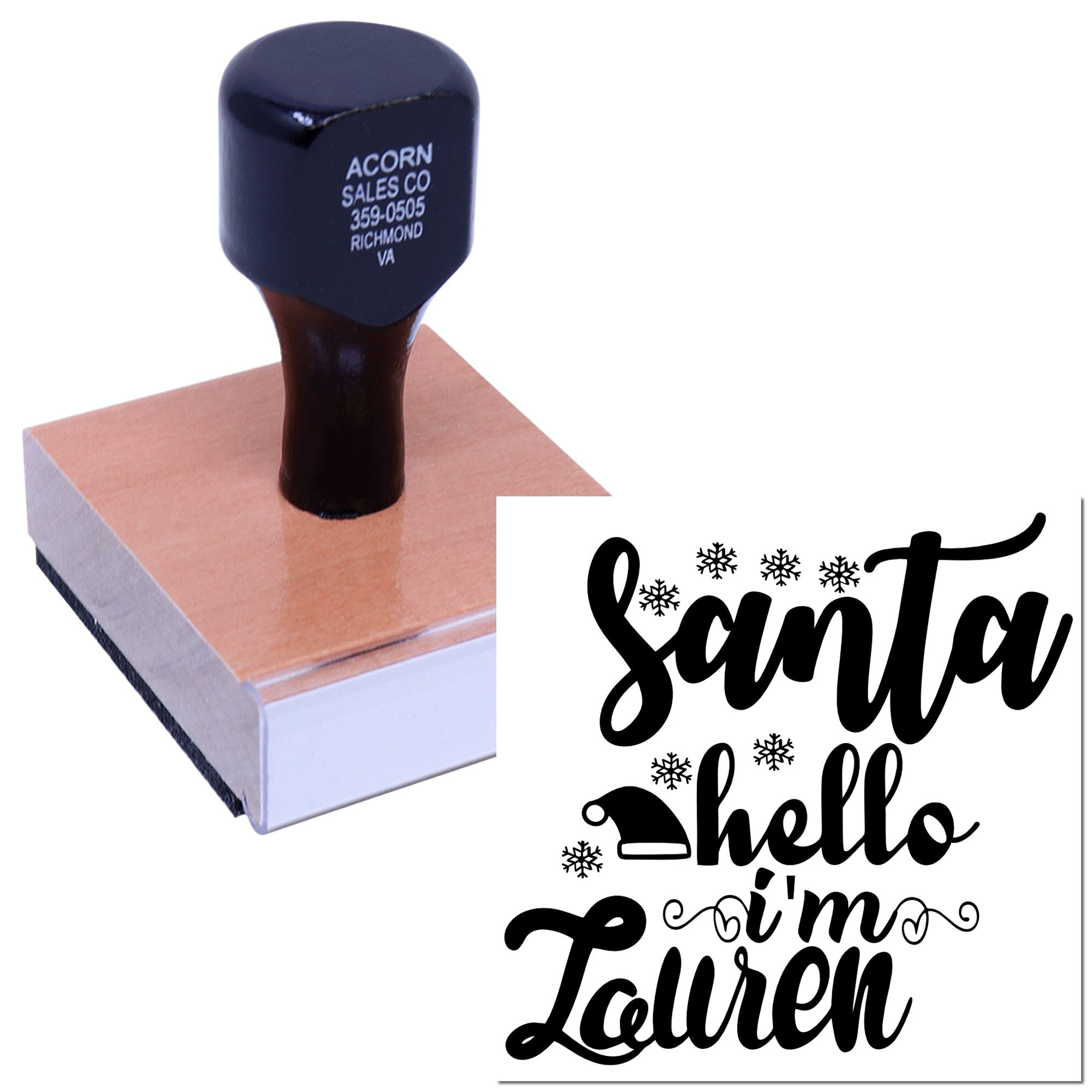 Custom Christmas rubber stamp with Santa, hello Im Lauren design for holiday cards and gift tags.
