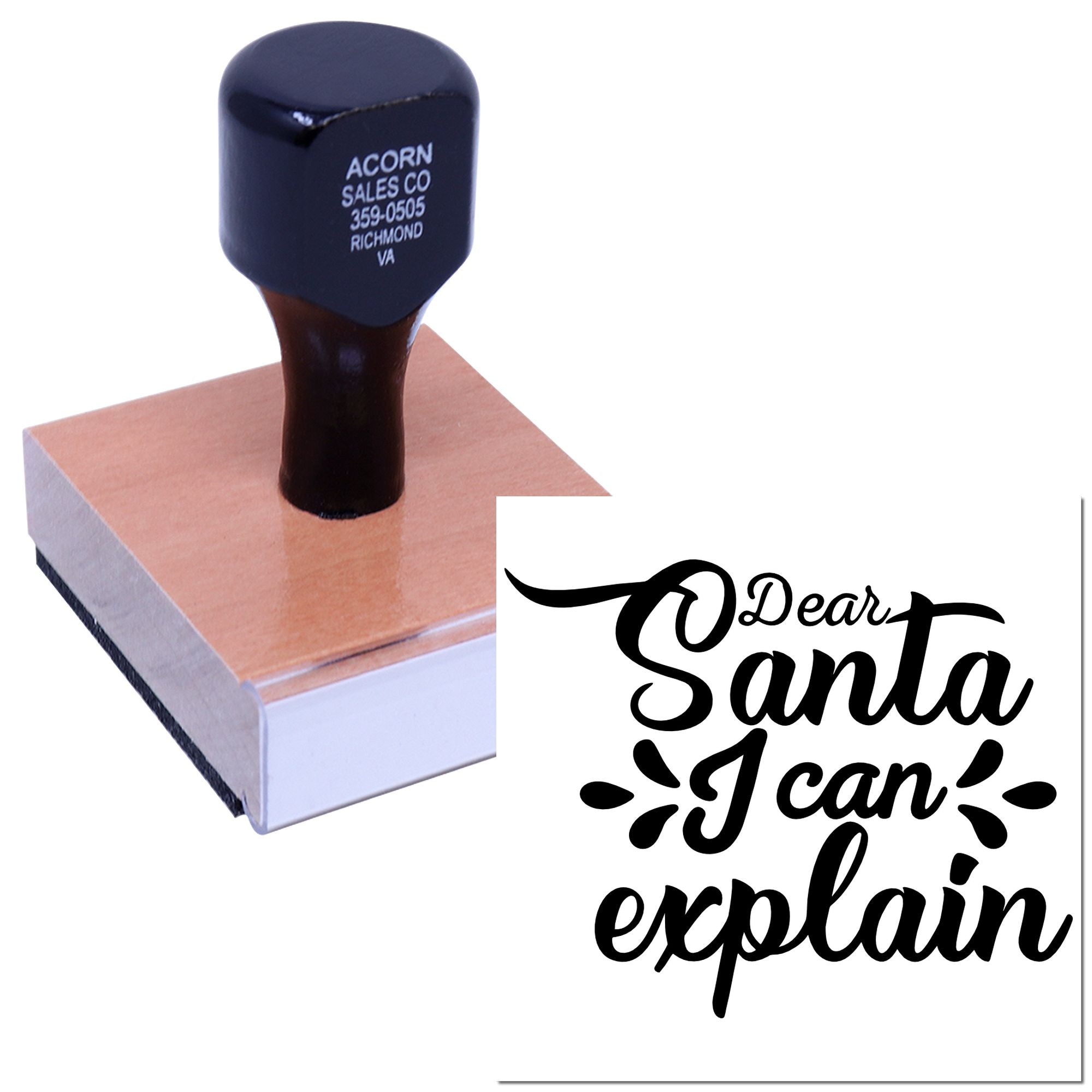 Custom rubber stamp with Dear Santa I can explain design for holiday cards, crafts, and festive packaging.