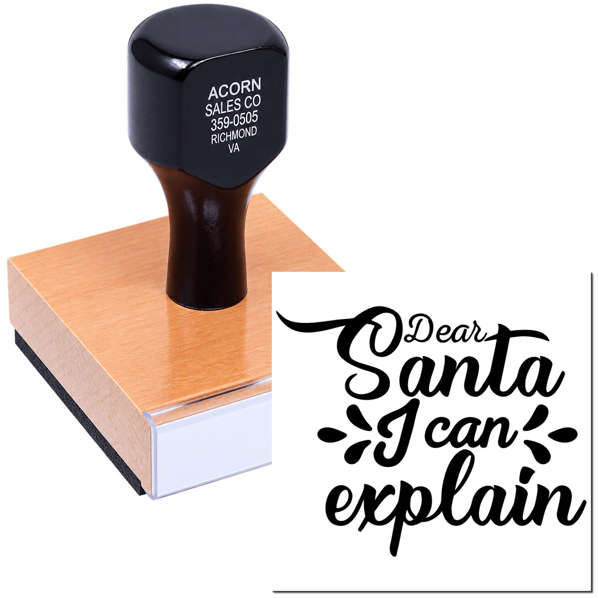 Custom rubber stamp with Dear Santa I can explain design for holiday cards, crafts, and festive packaging.