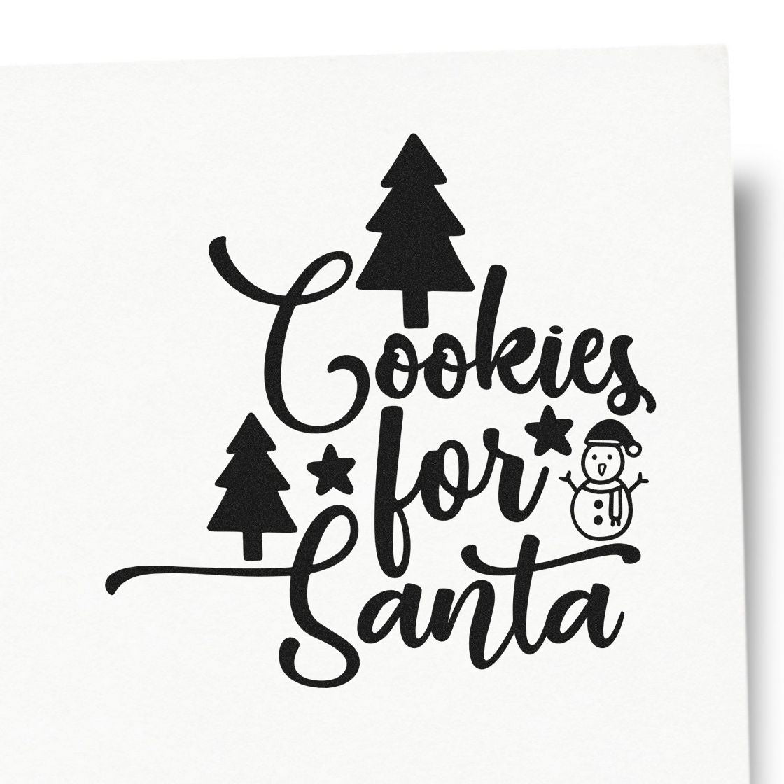 Premium Wooden Cookies For Santa Trees Snowman Stamp - Vintage Pro imprint stamped in black ink. "Cookies for Santa" appears with Christmas trees, stars, and a small snowman.