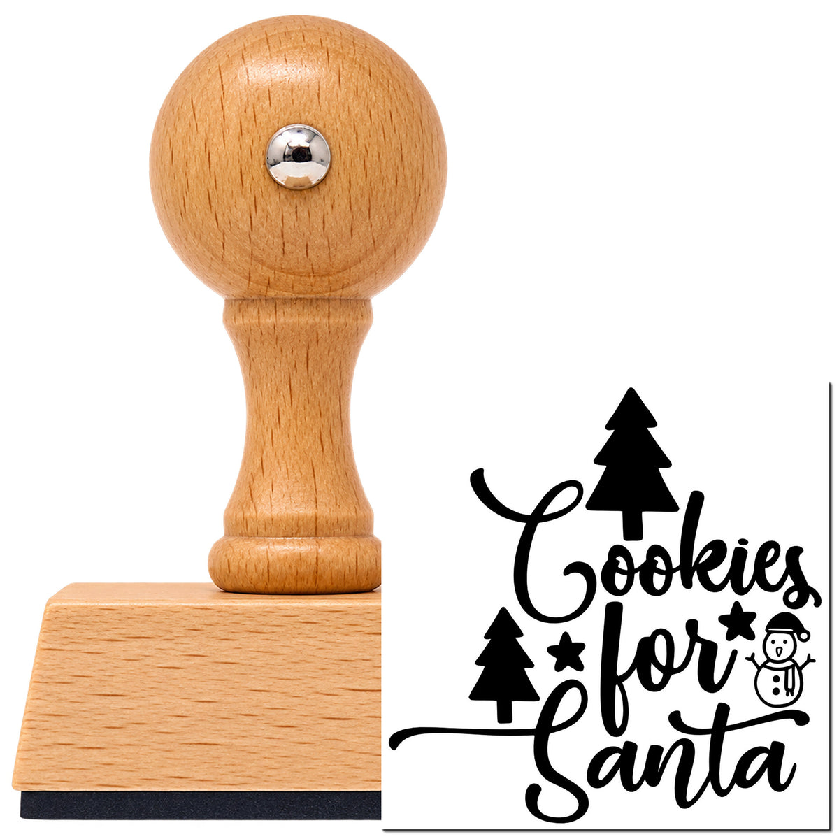 Cookies For Santa Trees Snowman Vintage Pro rubber stamp in European beech wood with a round knob handle, shown beside its black imprint.