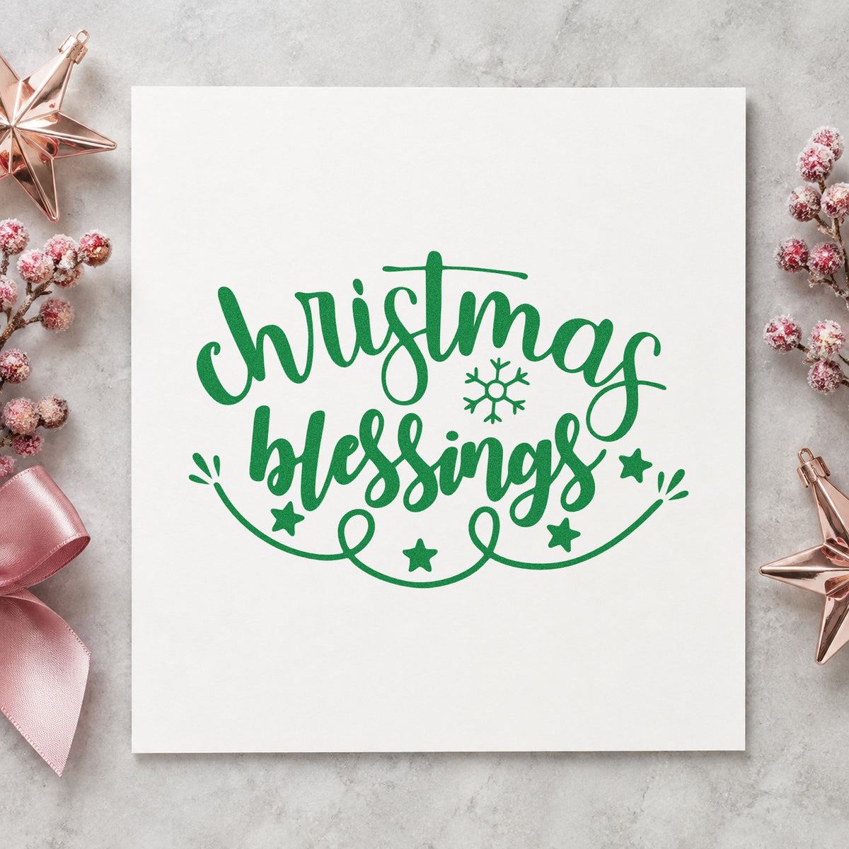 Christmas Blessings Snowflake craft stamp imprint in green ink on a handmade project, one idea being shut in gift tags.