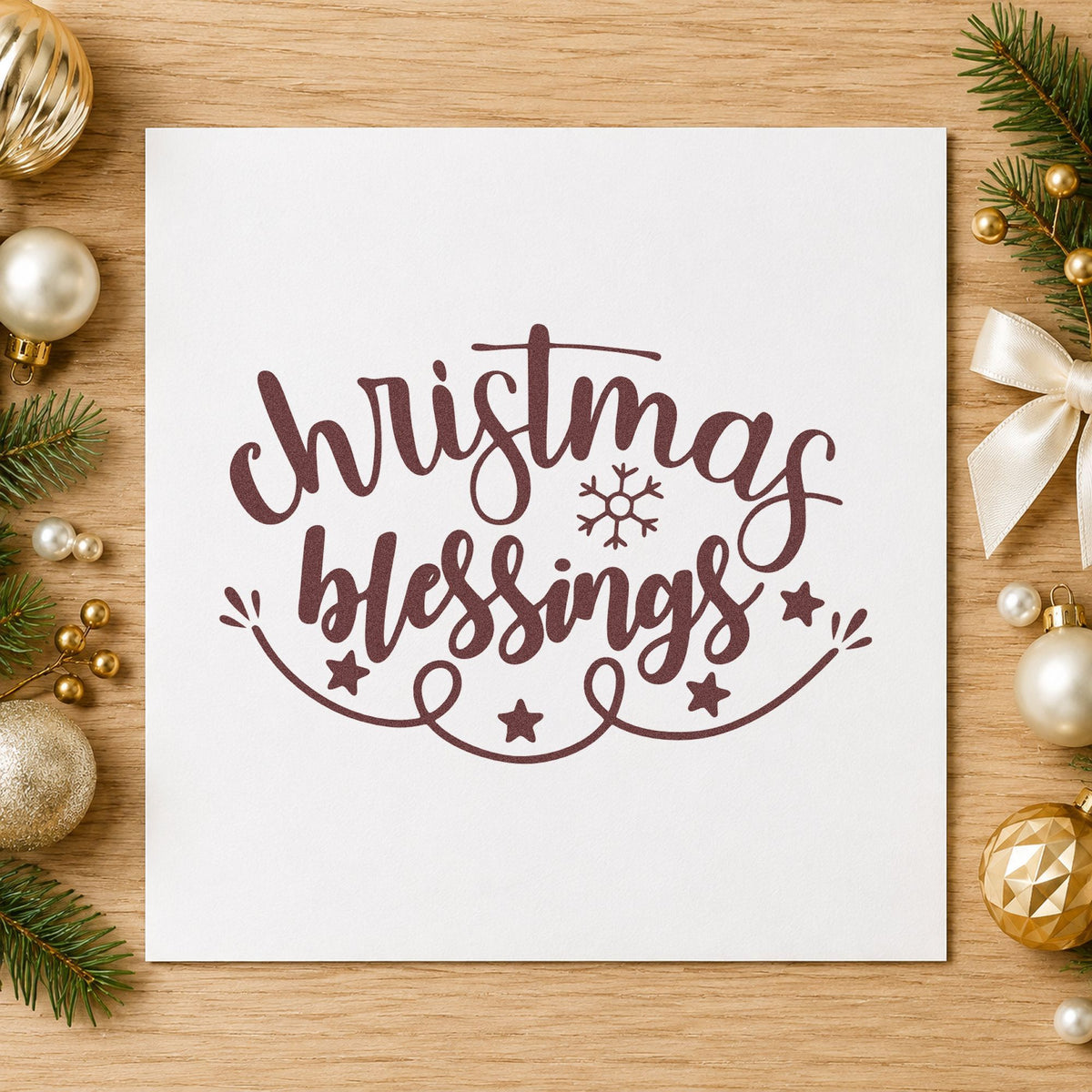 Christmas Blessings Snowflake rubber stamp printed in brown ink, ready for mailing roster sheet and similar paper crafts.