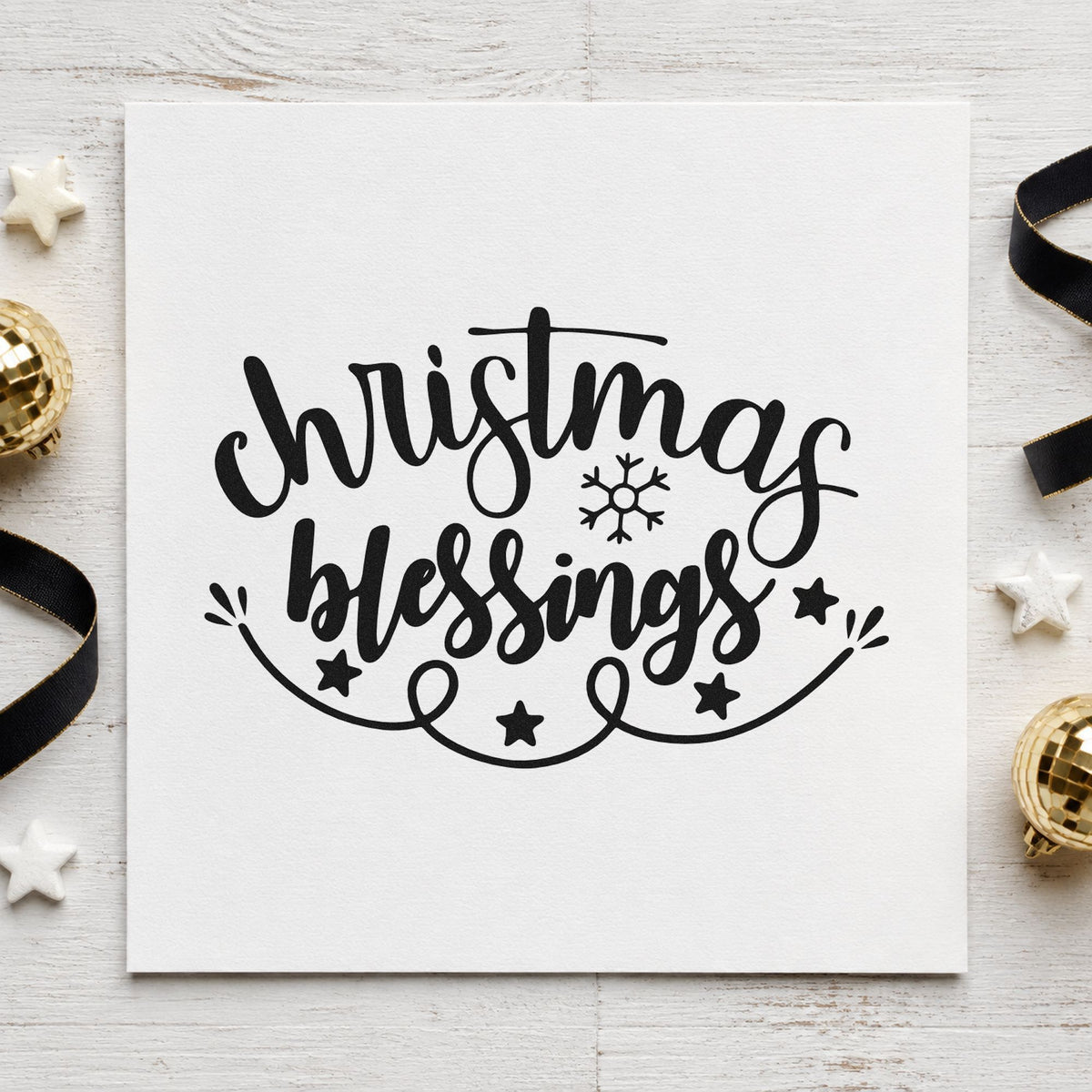 Christmas Blessings Snowflake rubber stamp printed in black ink, ready for blessings rule cards and similar paper crafts.