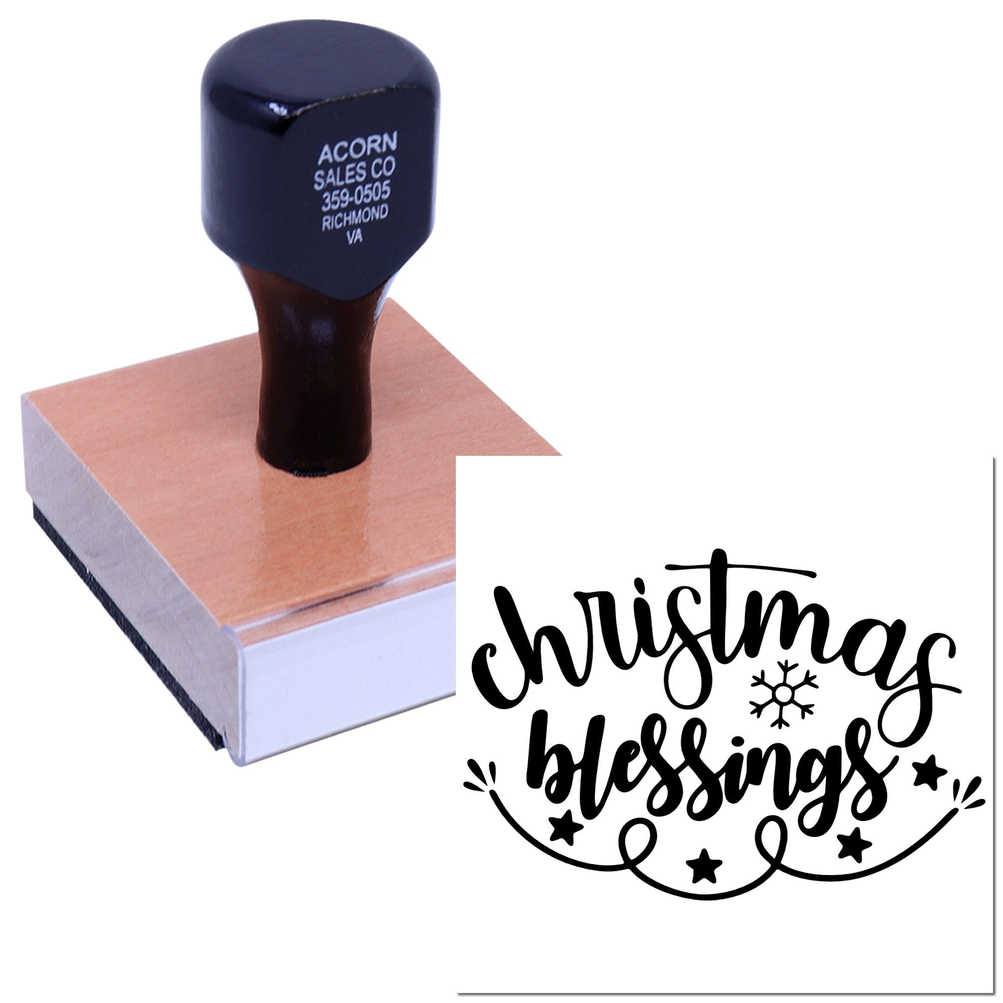 Custom Christmas rubber stamp with Christmas Blessings design for holiday cards, crafts, and festive packaging.