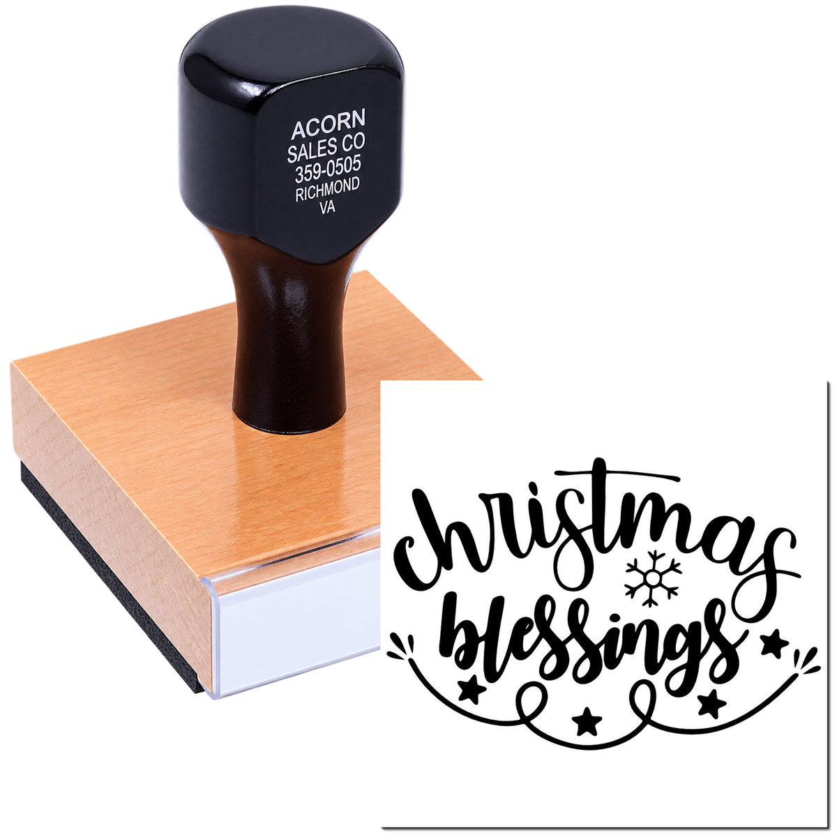 Custom Christmas rubber stamp with Christmas Blessings design for holiday cards, crafts, and festive packaging.