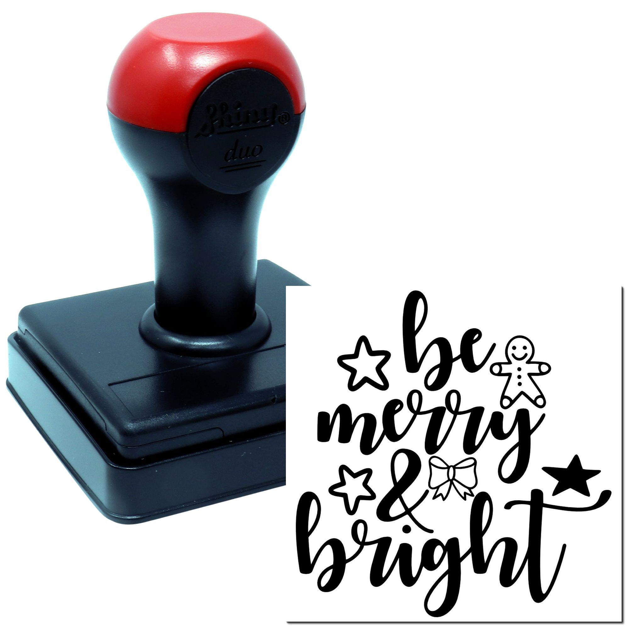 Self-inking Christmas rubber stamp with be merry & bright design, stars and gingerbread figure for holiday cards.