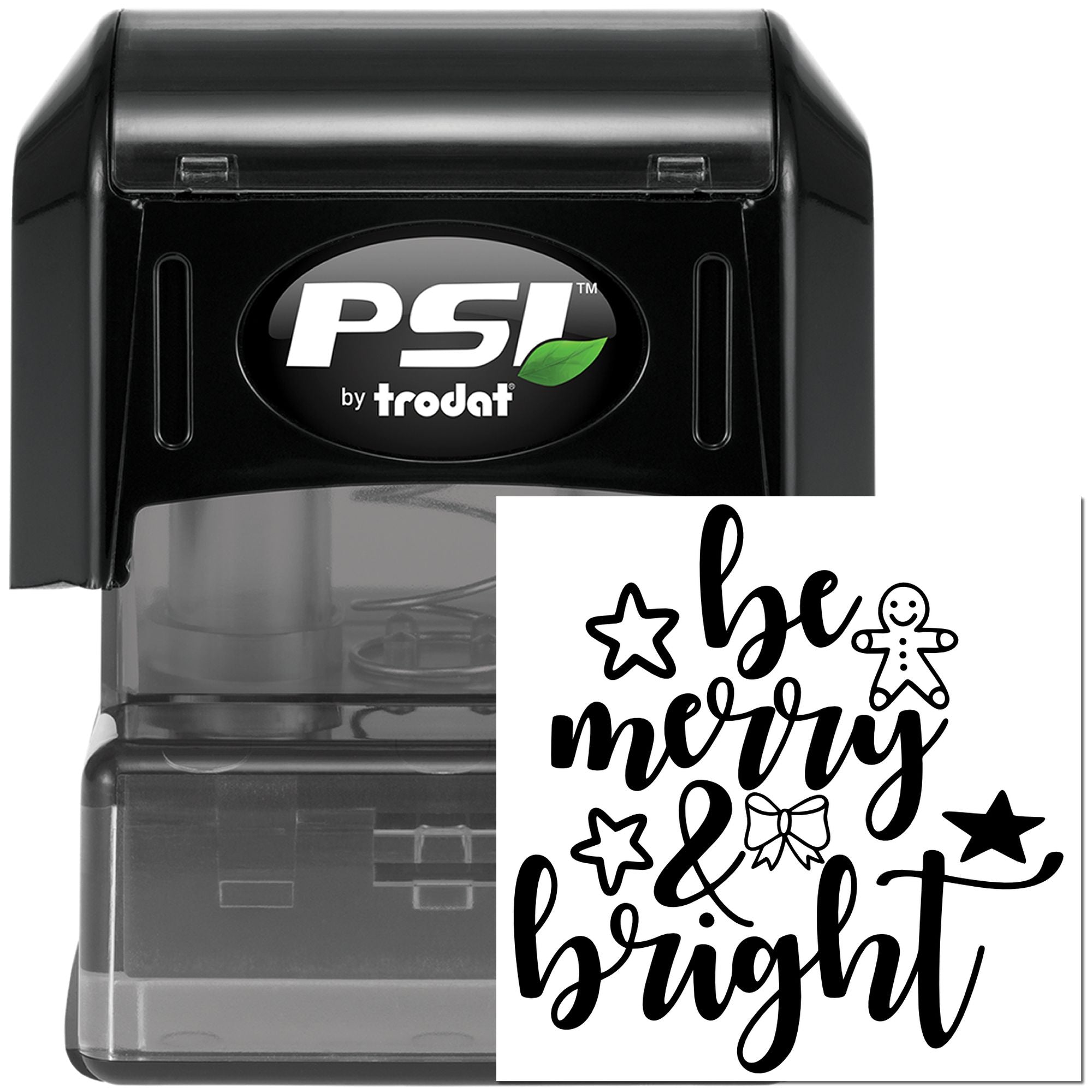 PSI by Trodat self-inking rubber stamp with be merry & bright holiday design for Christmas cards, crafts, and gift packaging.