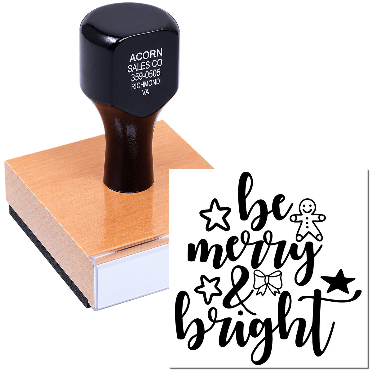 Custom holiday rubber stamp with "Be Merry & Bright" design for Christmas cards, crafts, and gift packaging.