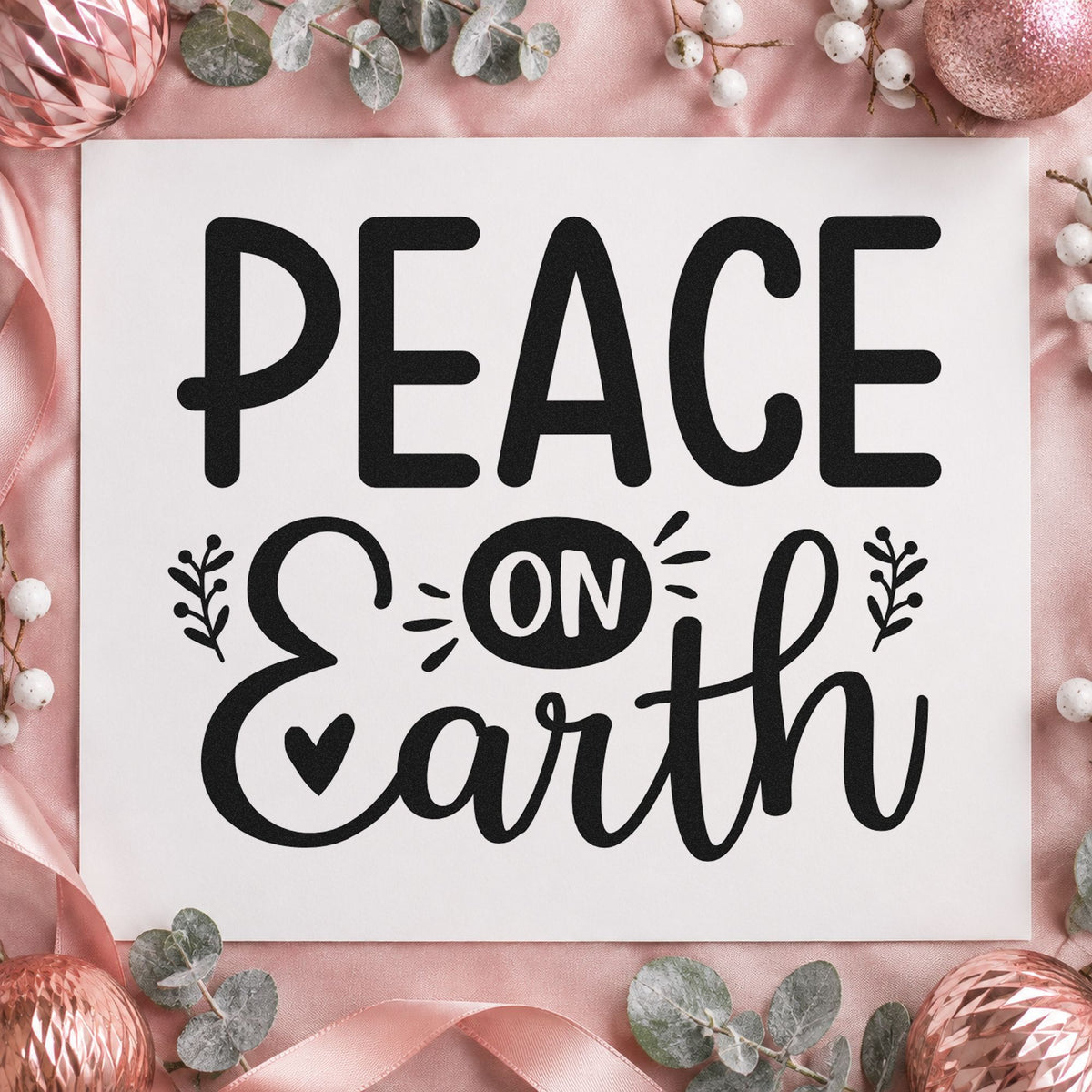 Peace On Earth Heart rubber stamp printed in black ink, ready for heart and sprigs cards and similar paper crafts.