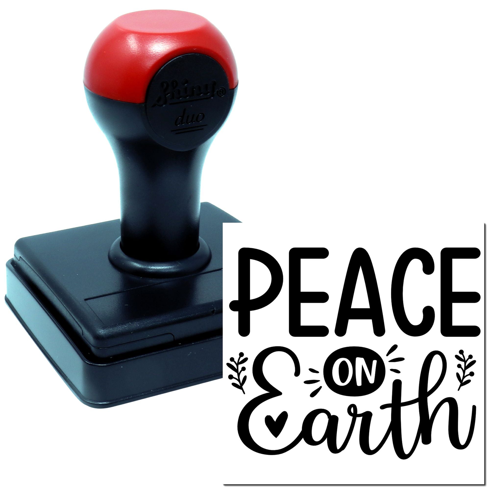 Self-inking rubber stamp with Peace on Earth design for holiday crafting and greeting cards.