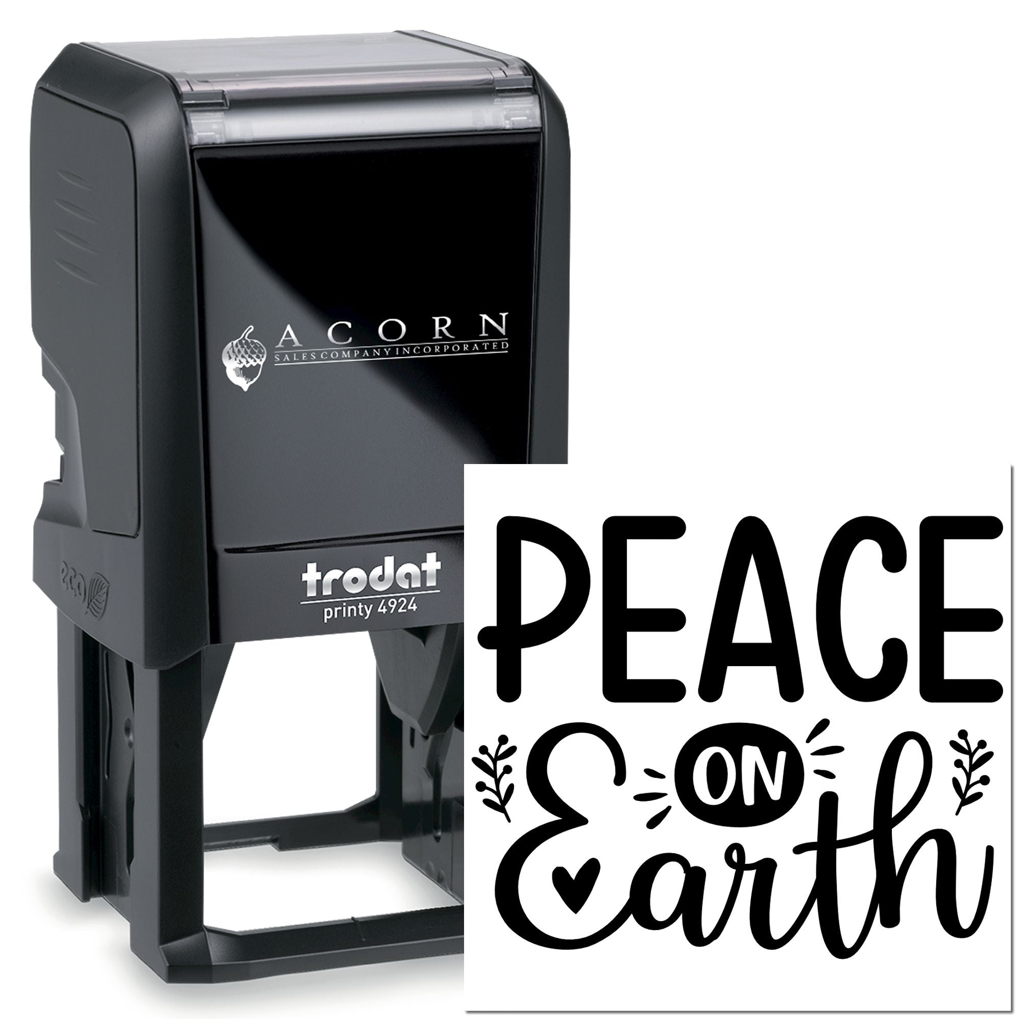 Trodat Printy 4924 self-inking rubber stamp with custom Acorn logo and Peace on Earth imprint