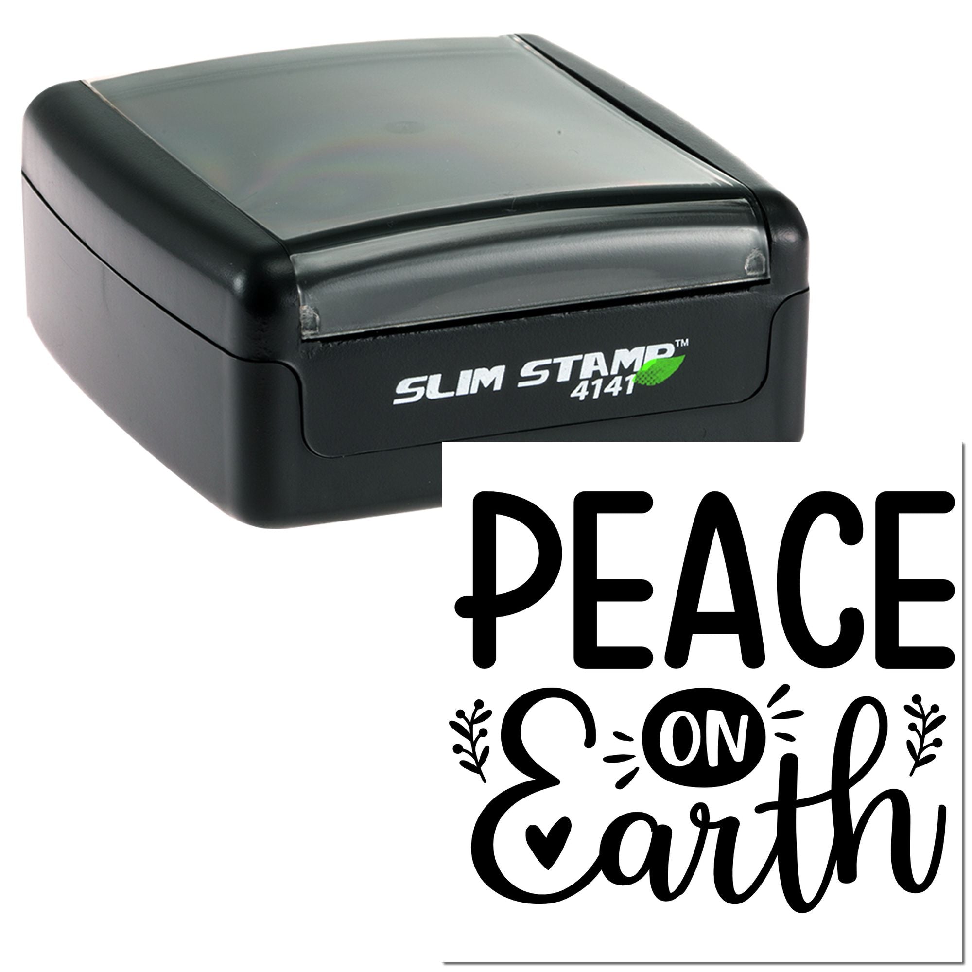 Self-inking rubber stamp with custom Peace on Earth holiday design for cards, crafts, and seasonal mailings.