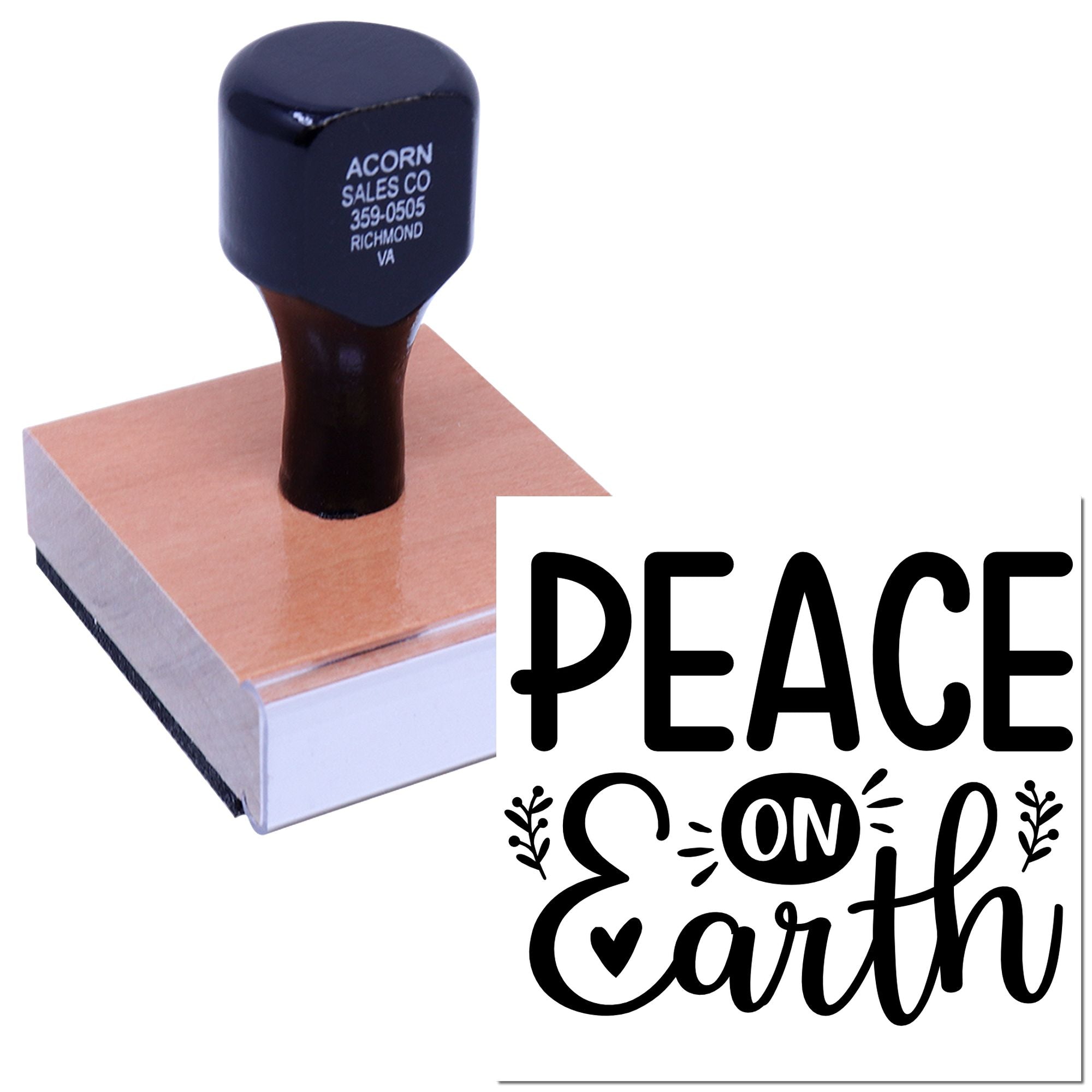 Custom rubber stamp with Peace on Earth design for holiday cards, crafts, and seasonal packaging.
