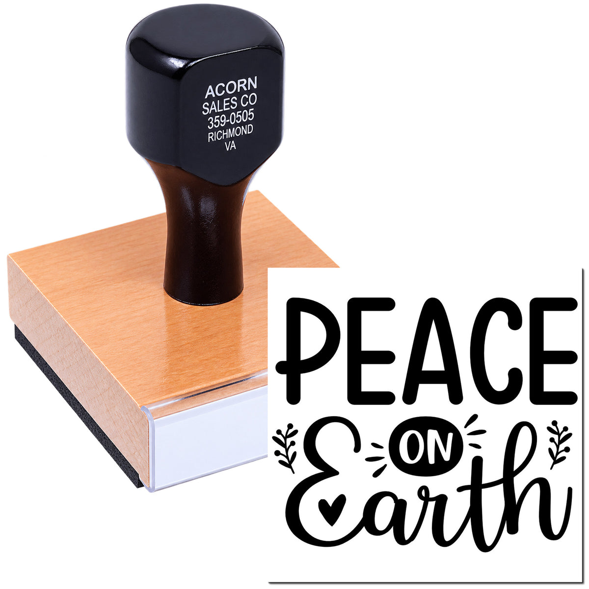 Custom rubber stamp with Peace on Earth design for holiday cards, crafts, and seasonal packaging.