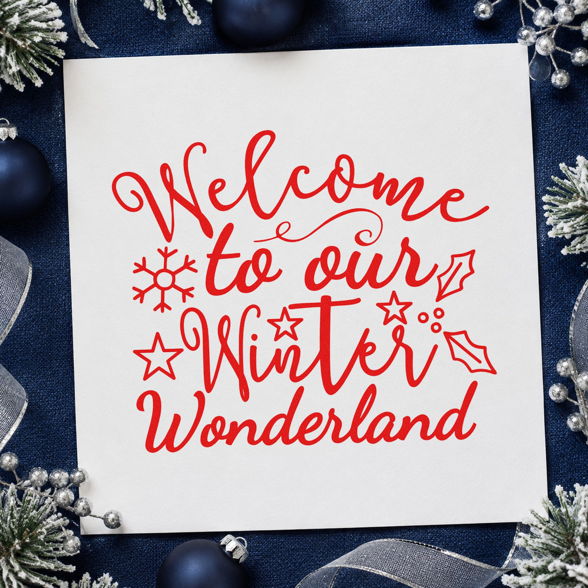 Welcome Winter Wonderland rubber stamp shown in red ink, stamped for projects such as coat tag labels.
