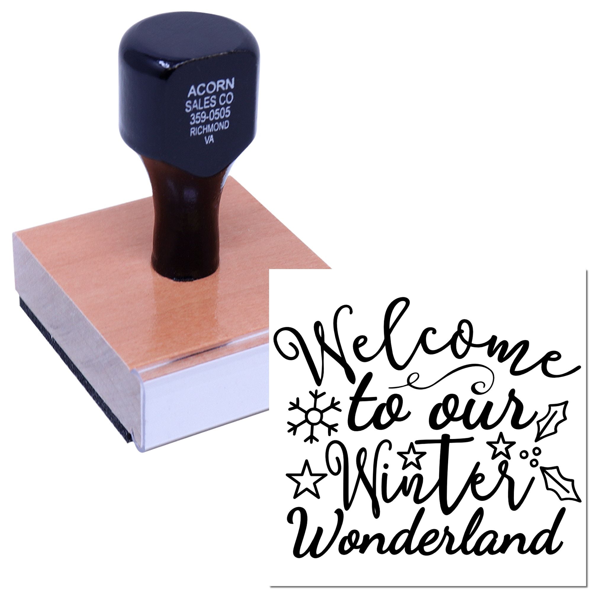Custom rubber stamp with Welcome to Our Winter Wonderland holiday greeting for seasonal crafts and packaging.