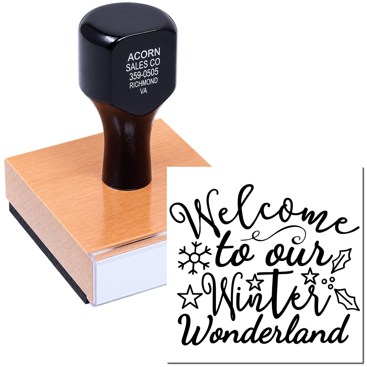Custom rubber stamp with Welcome to Our Winter Wonderland holiday greeting for seasonal crafts and packaging.