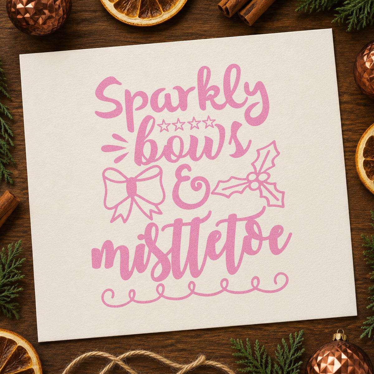 Sparkly Bows And Mistletoe craft stamp in purple ink on cardstock, an easy option for bow style album page.