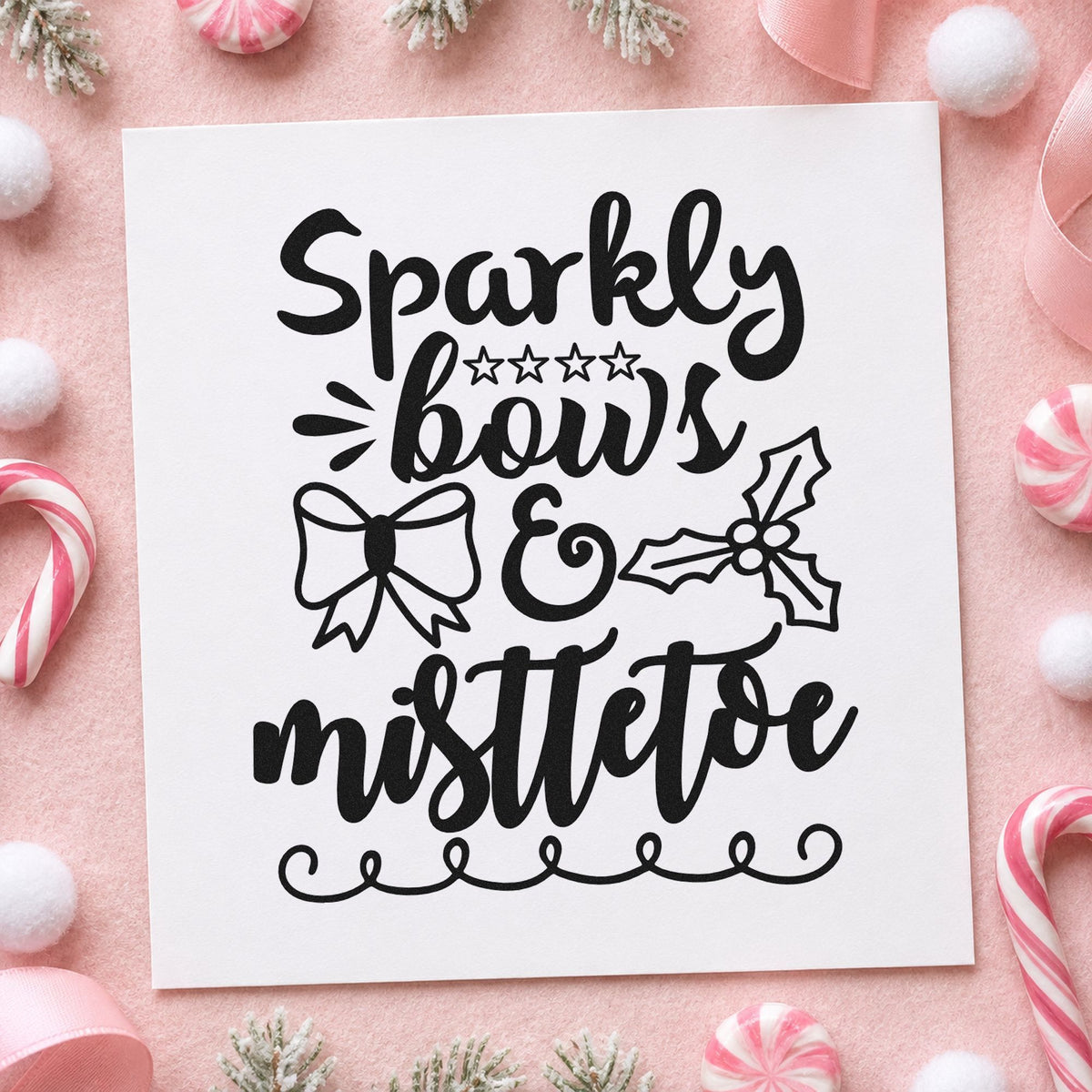 Sparkly Bows And Mistletoe rubber stamp printed in black ink, ready for star border cards and similar paper crafts.