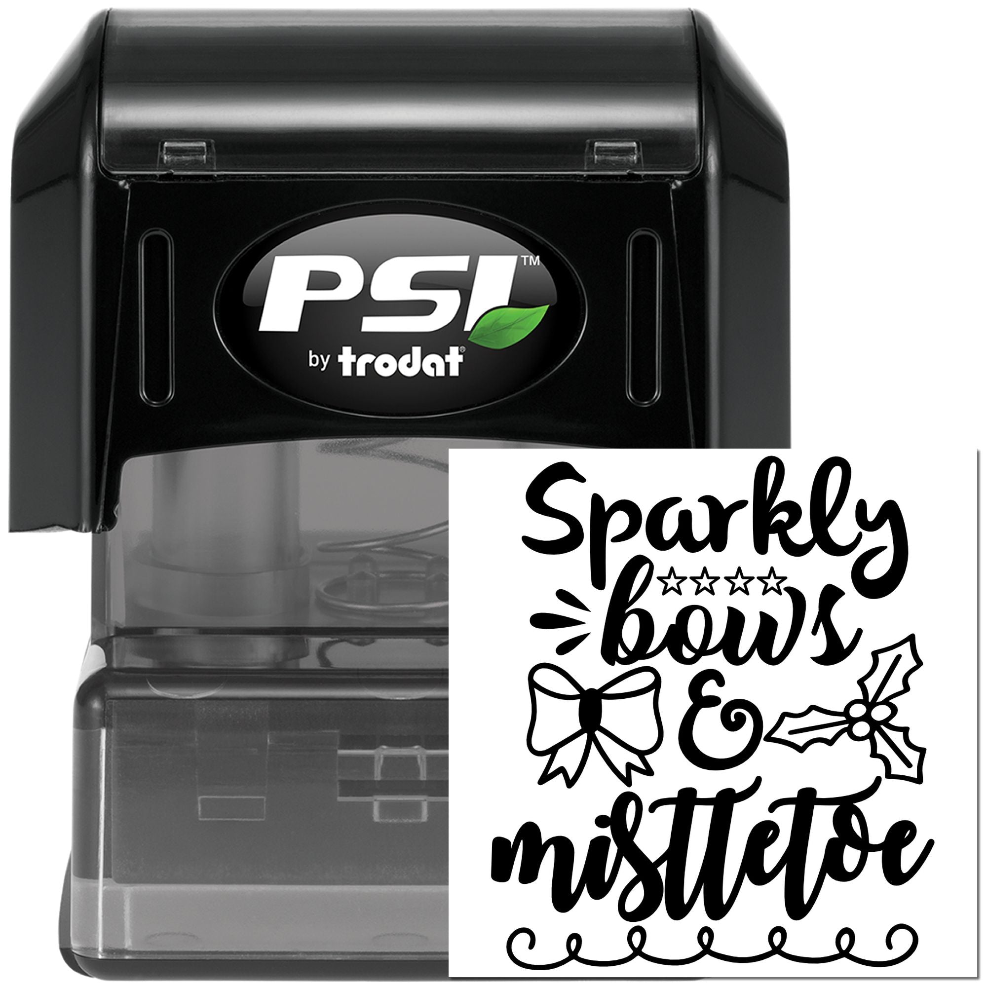 PSI by Trodat self-inking rubber stamp with custom Sparkly bows and mistletoe design for Christmas crafts