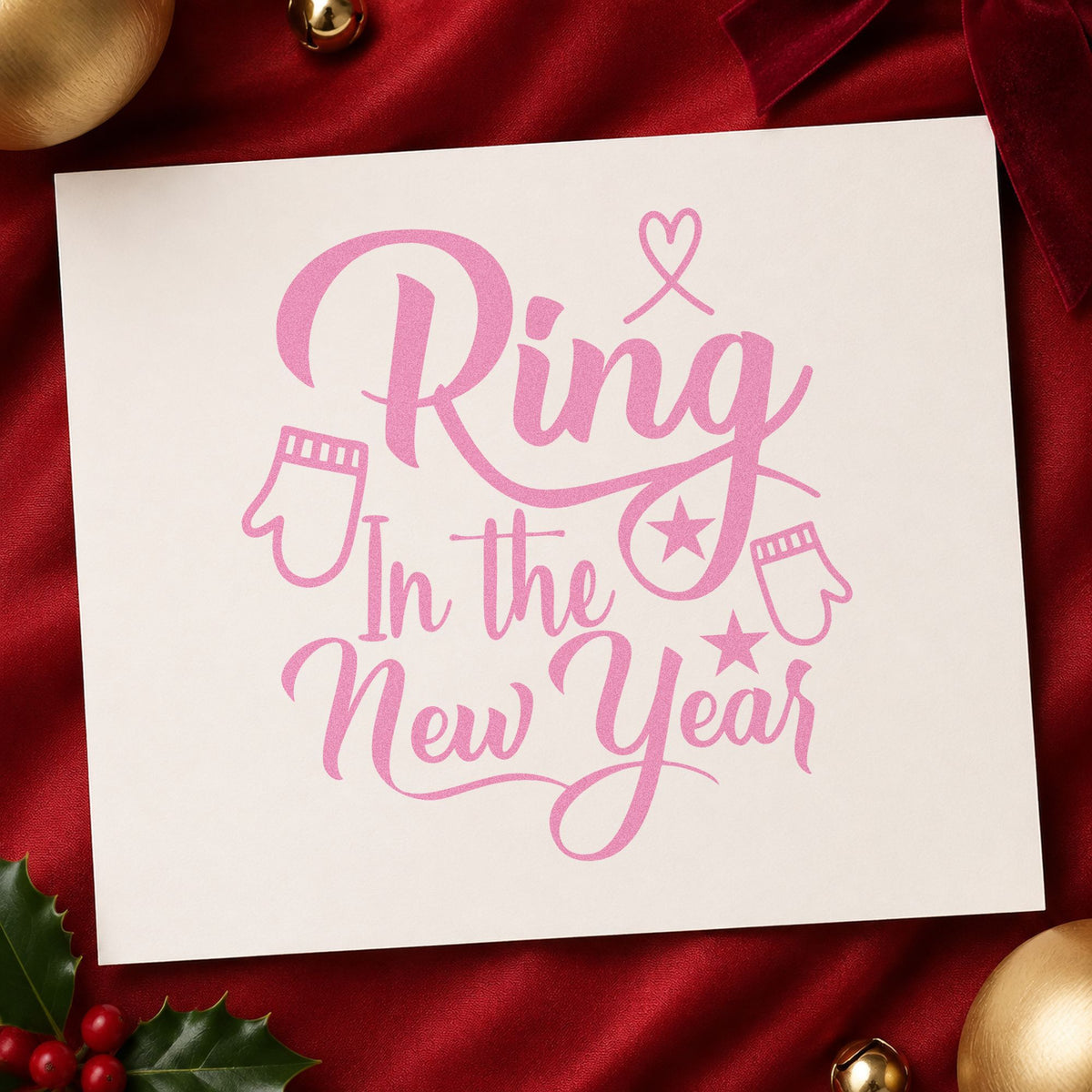 Ring In The New Year craft stamp in purple ink on cardstock, an easy option for midnight walk album.