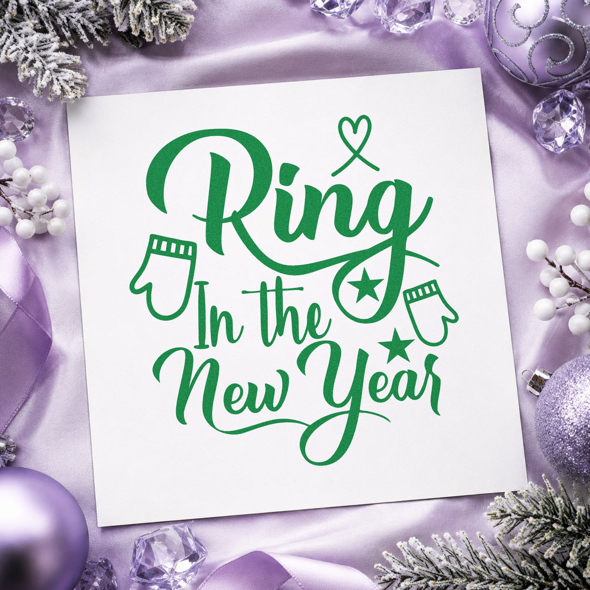 Ring In The New Year craft stamp imprint in green ink on a handmade project, one idea being mitten pair tags.
