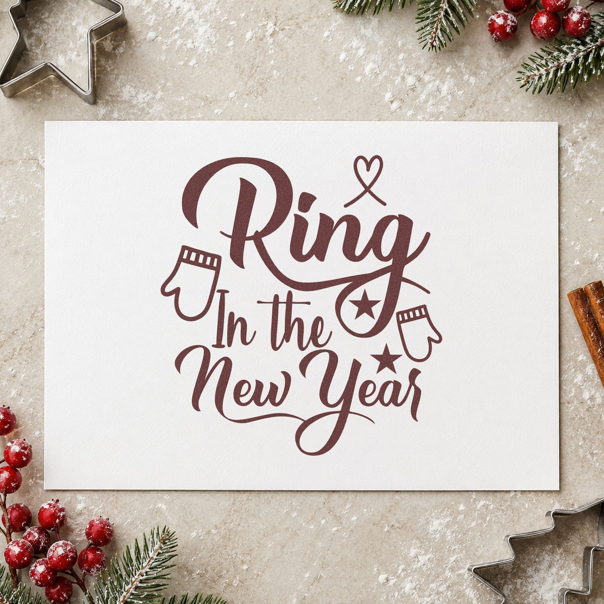 Ring In The New Year rubber stamp printed in brown ink, ready for resolution pair sheet and similar paper crafts.